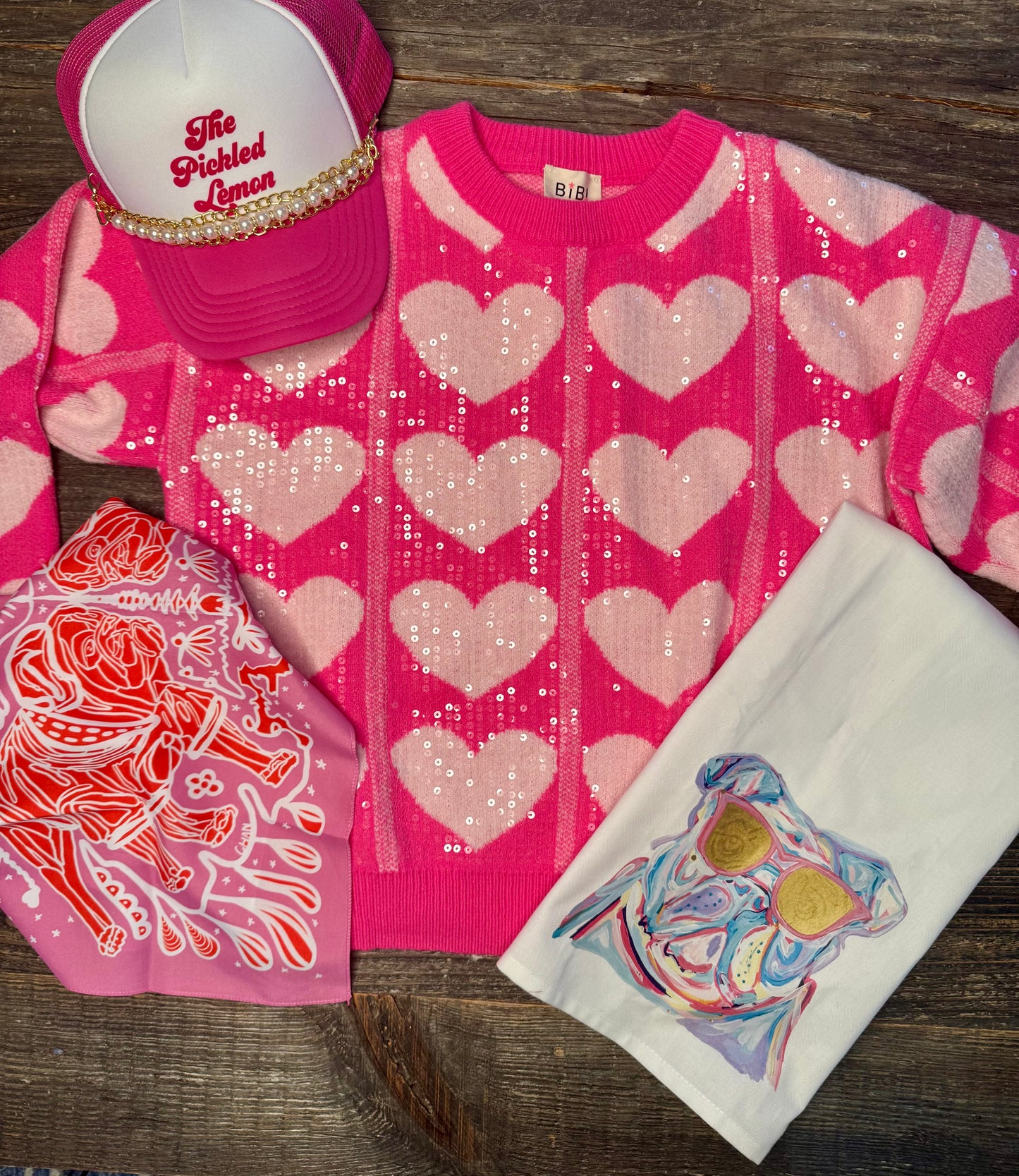 Pink sequin heart sweater warehouse clearance sale marked down