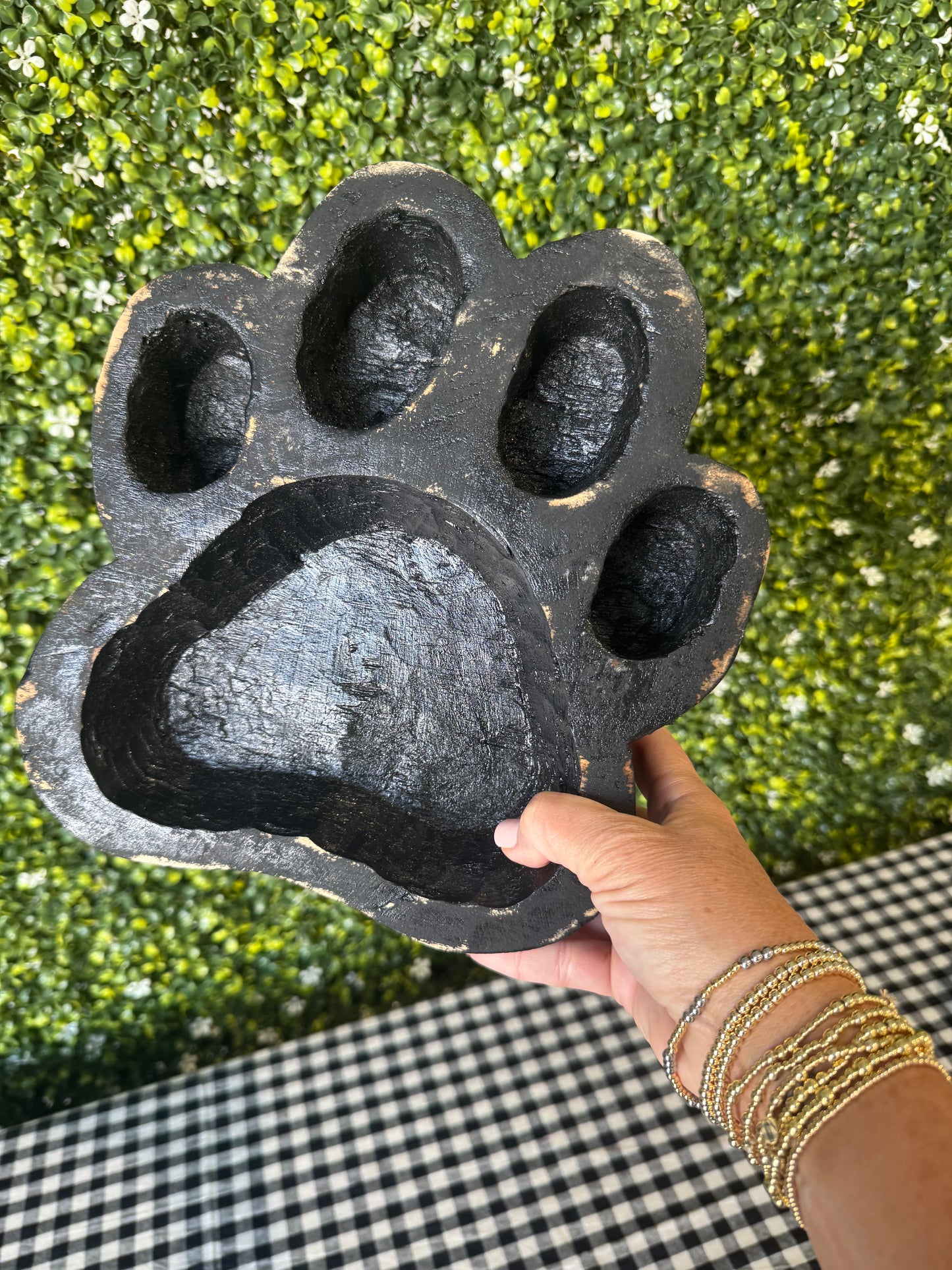 Large wood bulldog paw bowl