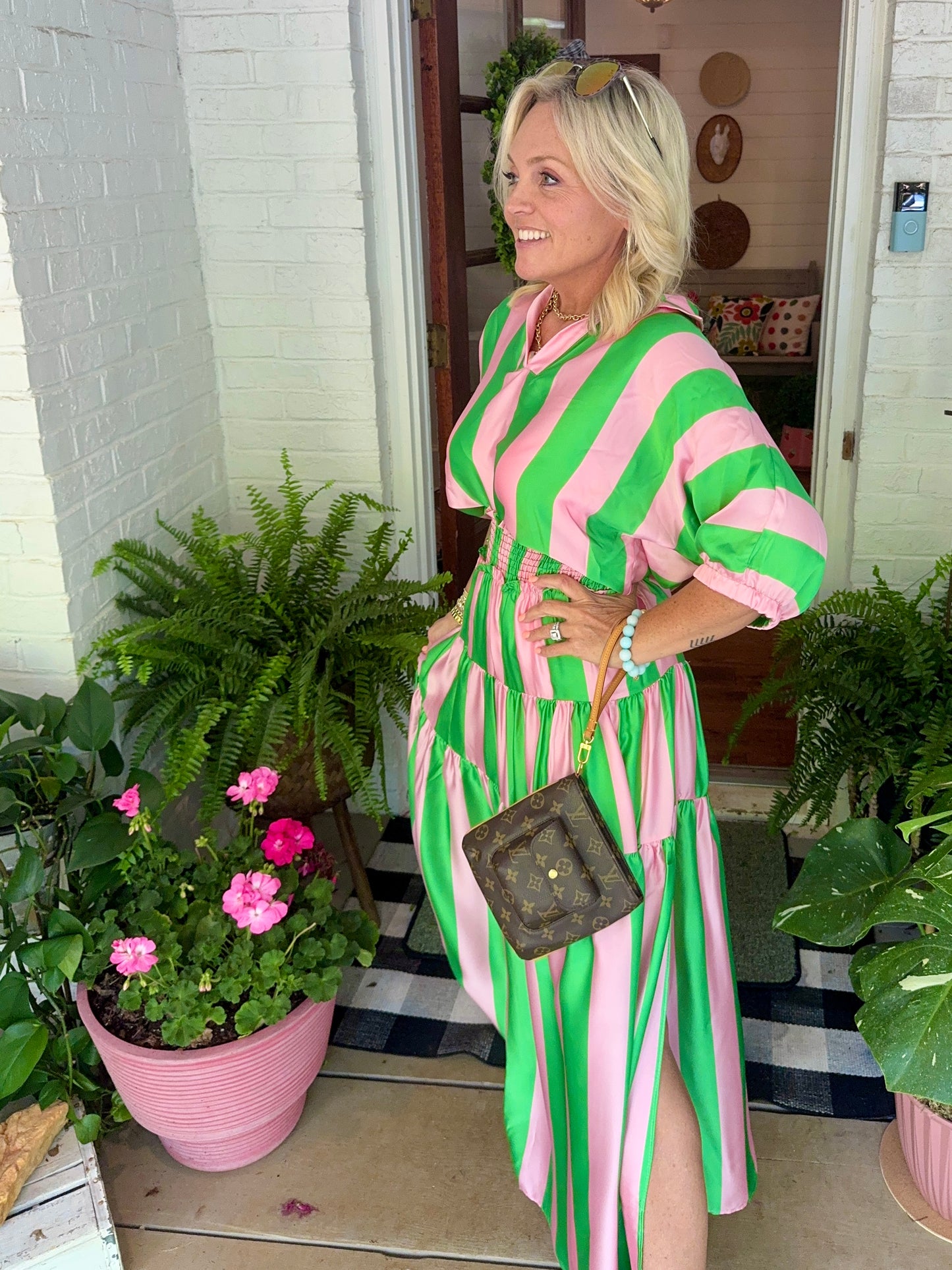 Summer green and pink striped summer skirt marked down