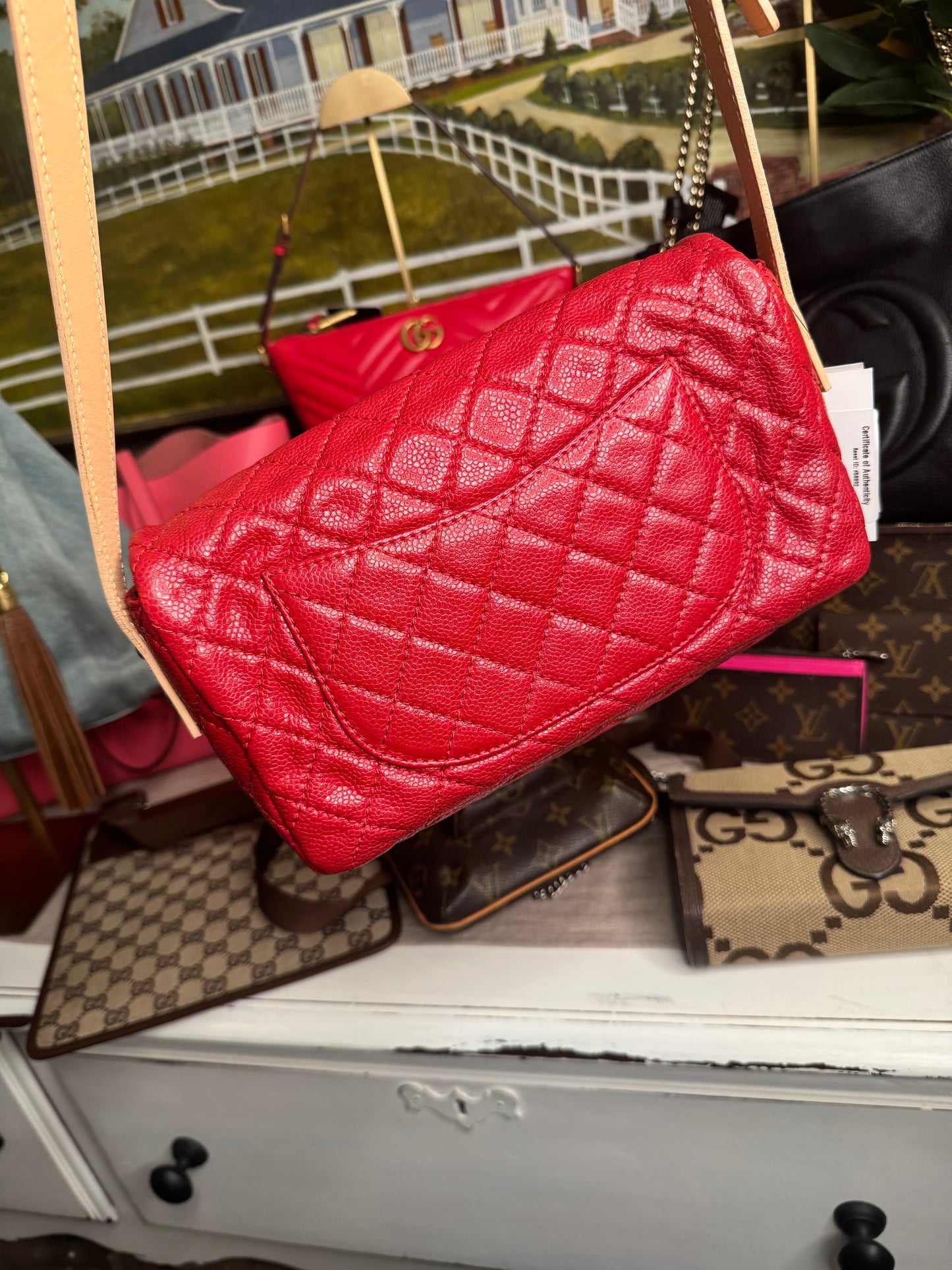 pre loved Chanel Red Hishige Caviar Shoulder Bag Silver Shoulder Back Bag Red Shoulder Bag Caviar (grained Calf) AB
