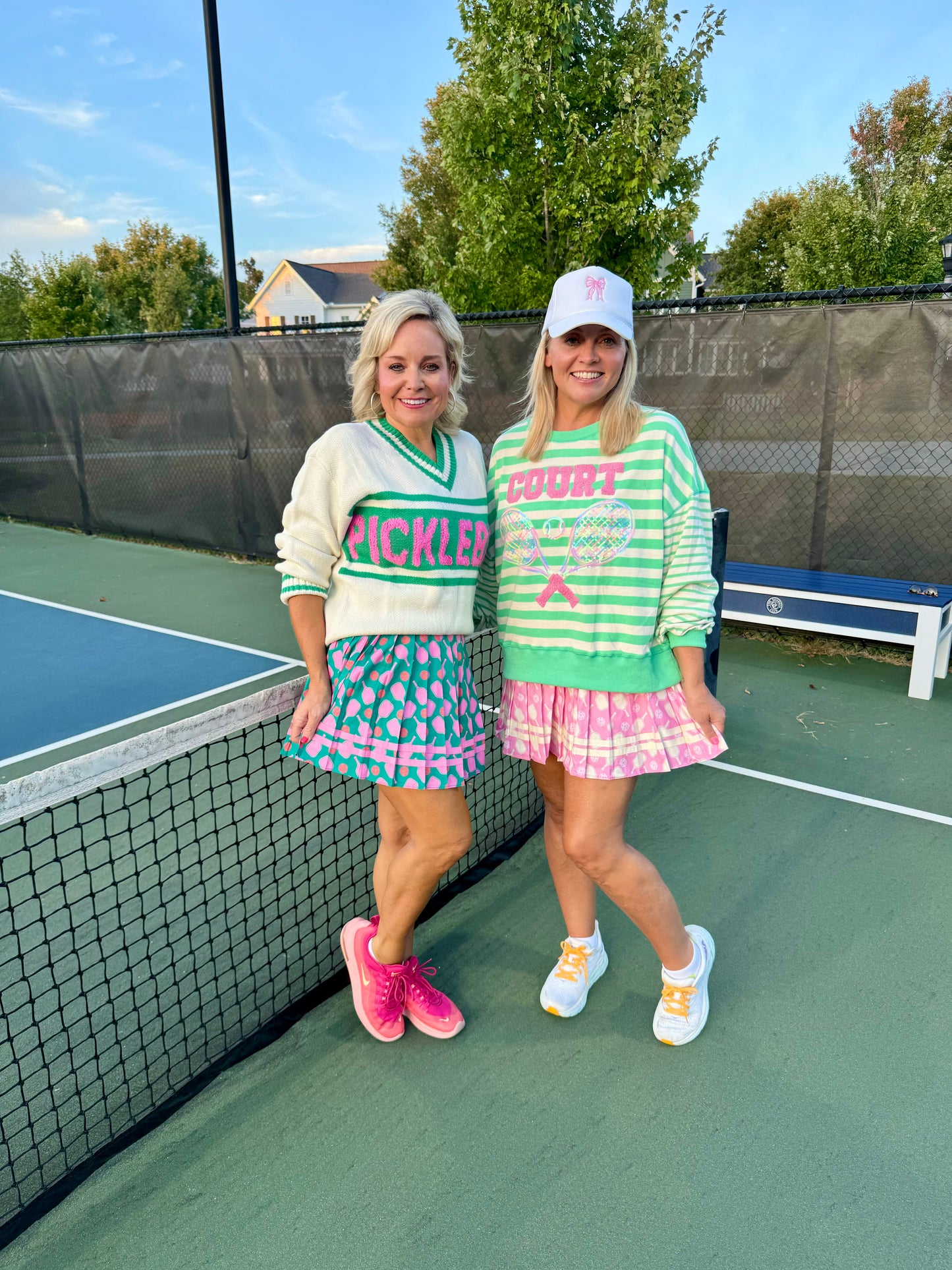 Pickle ball tennis skirt green with pink rackets pleated