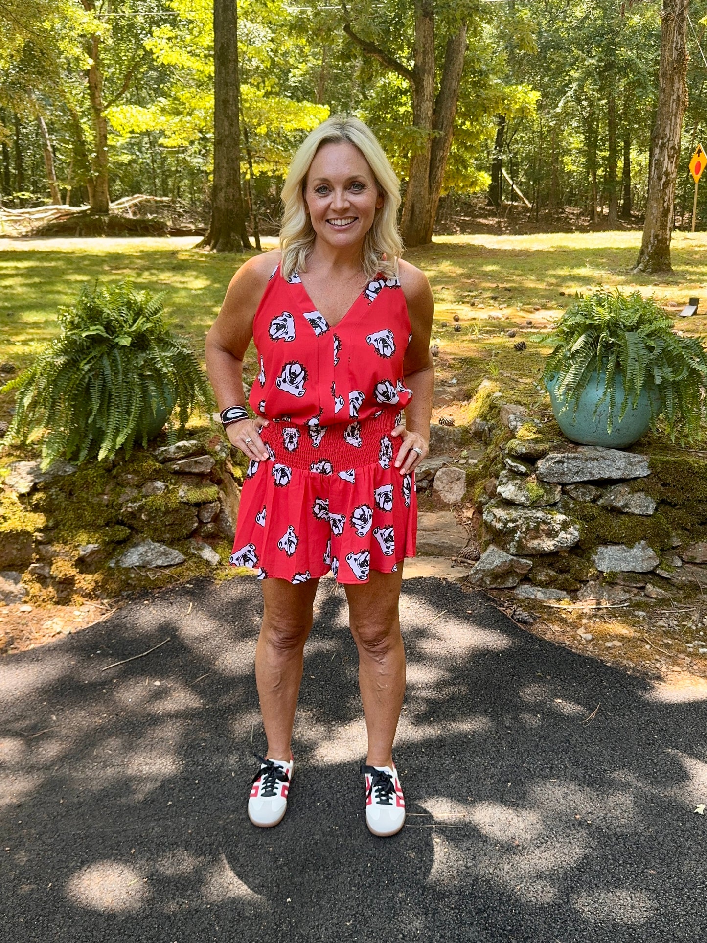 Red flowy shorts dog red black
