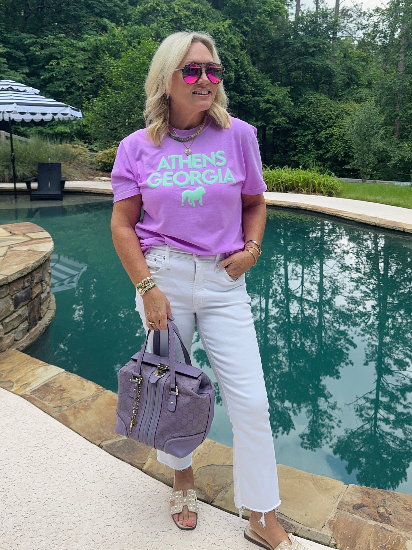 Bright lavender t shirt with turquoise Athens summer T-shirt