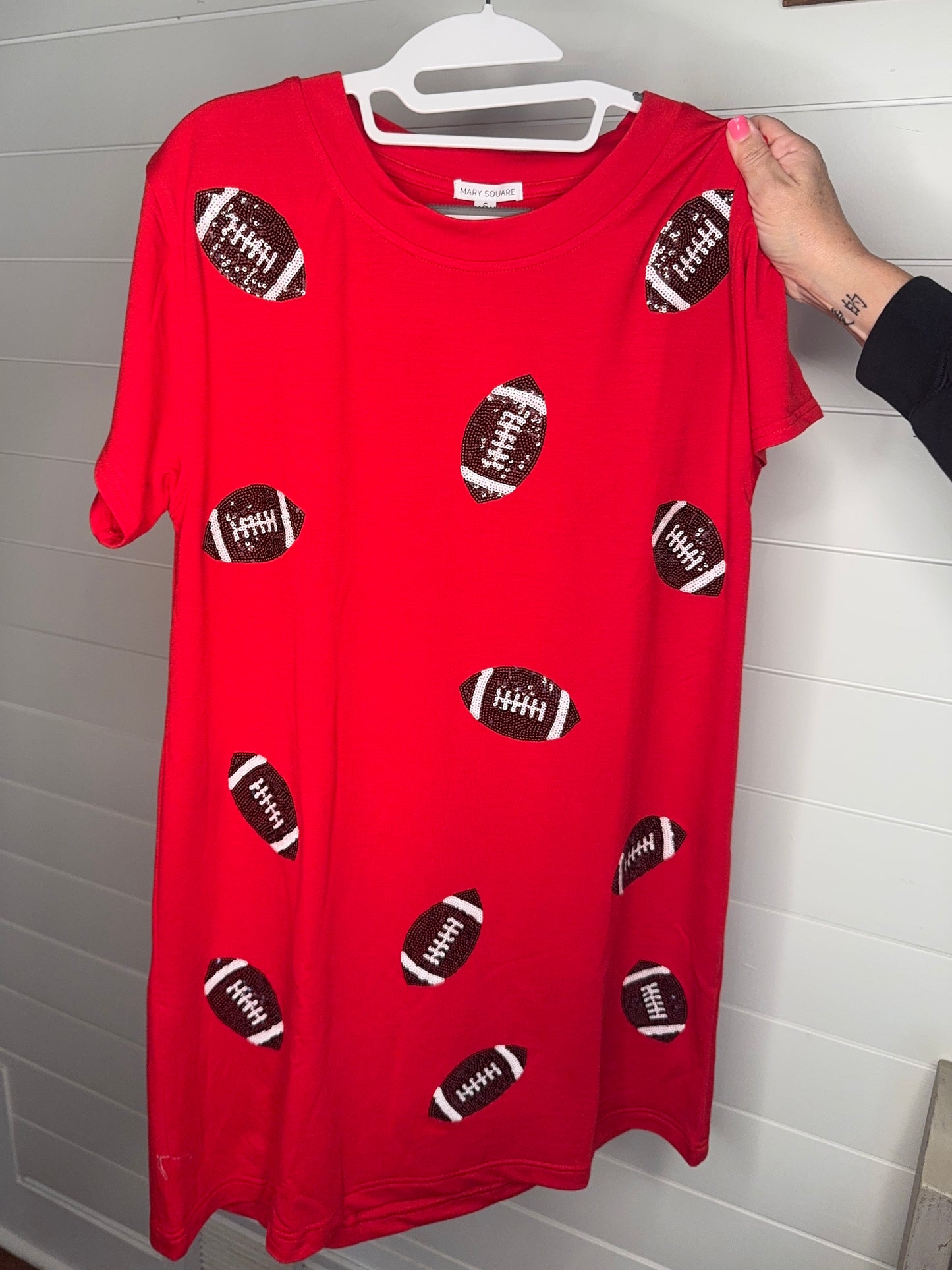 Red cotton dress sequin footballs new lower price