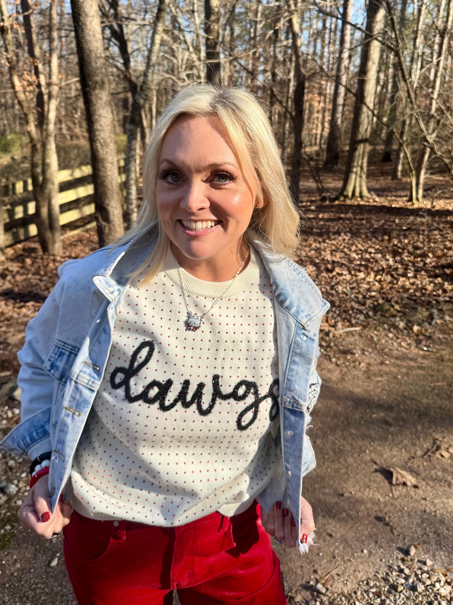 The Dawgs rhinestone and glitter script sweater licensed marked down