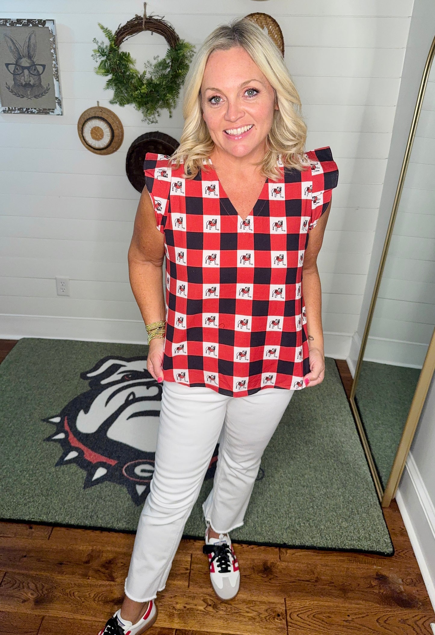 New Gingham ruffle top licensed bulldog