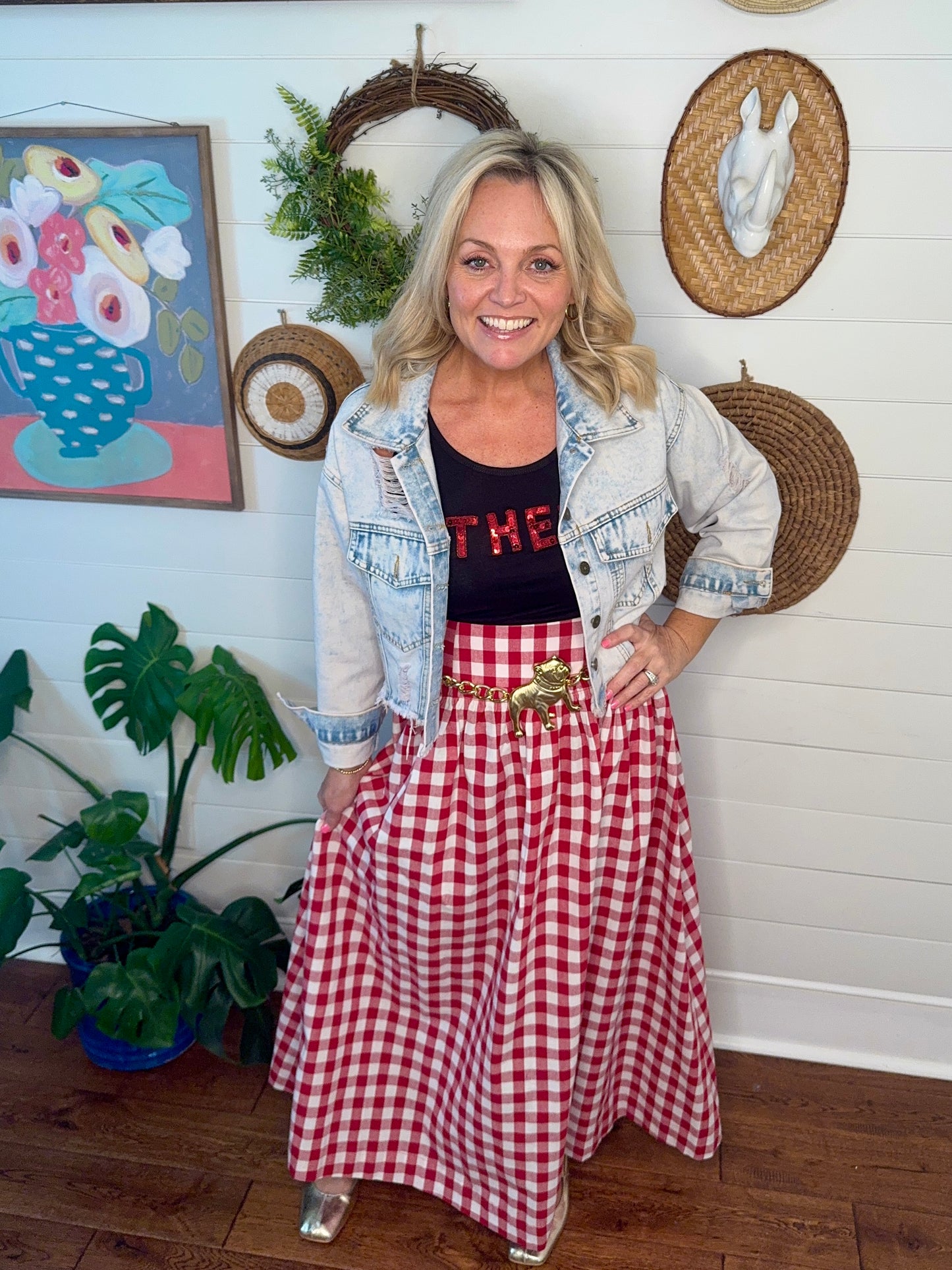 red and white checked skirt