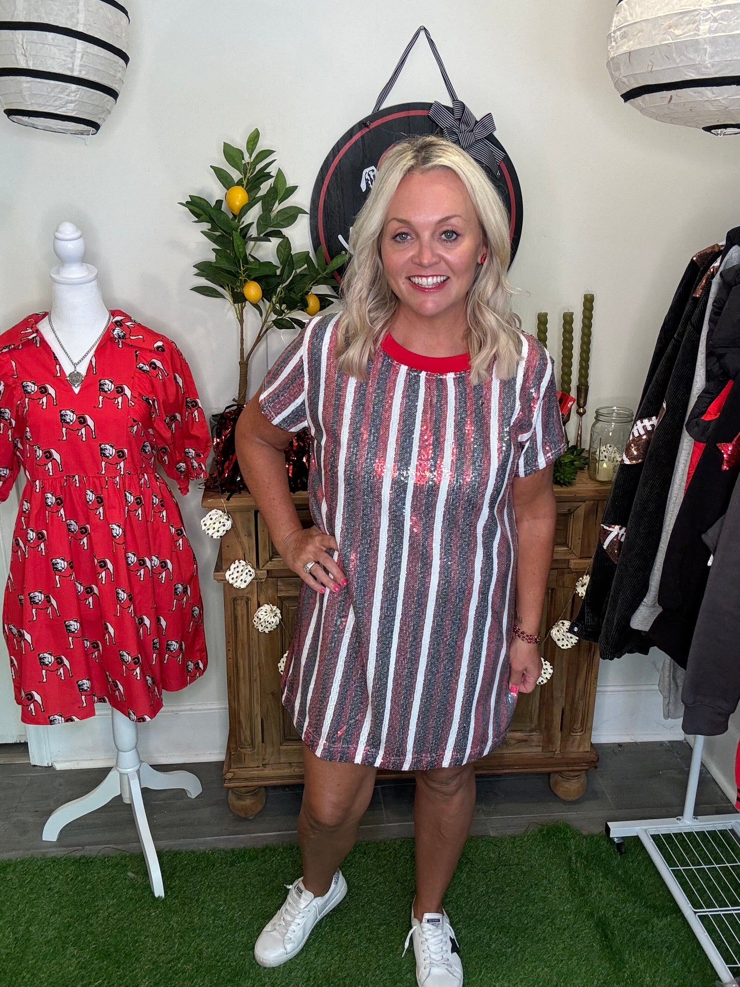 Sequin dress black and red stripe virtual marked way down