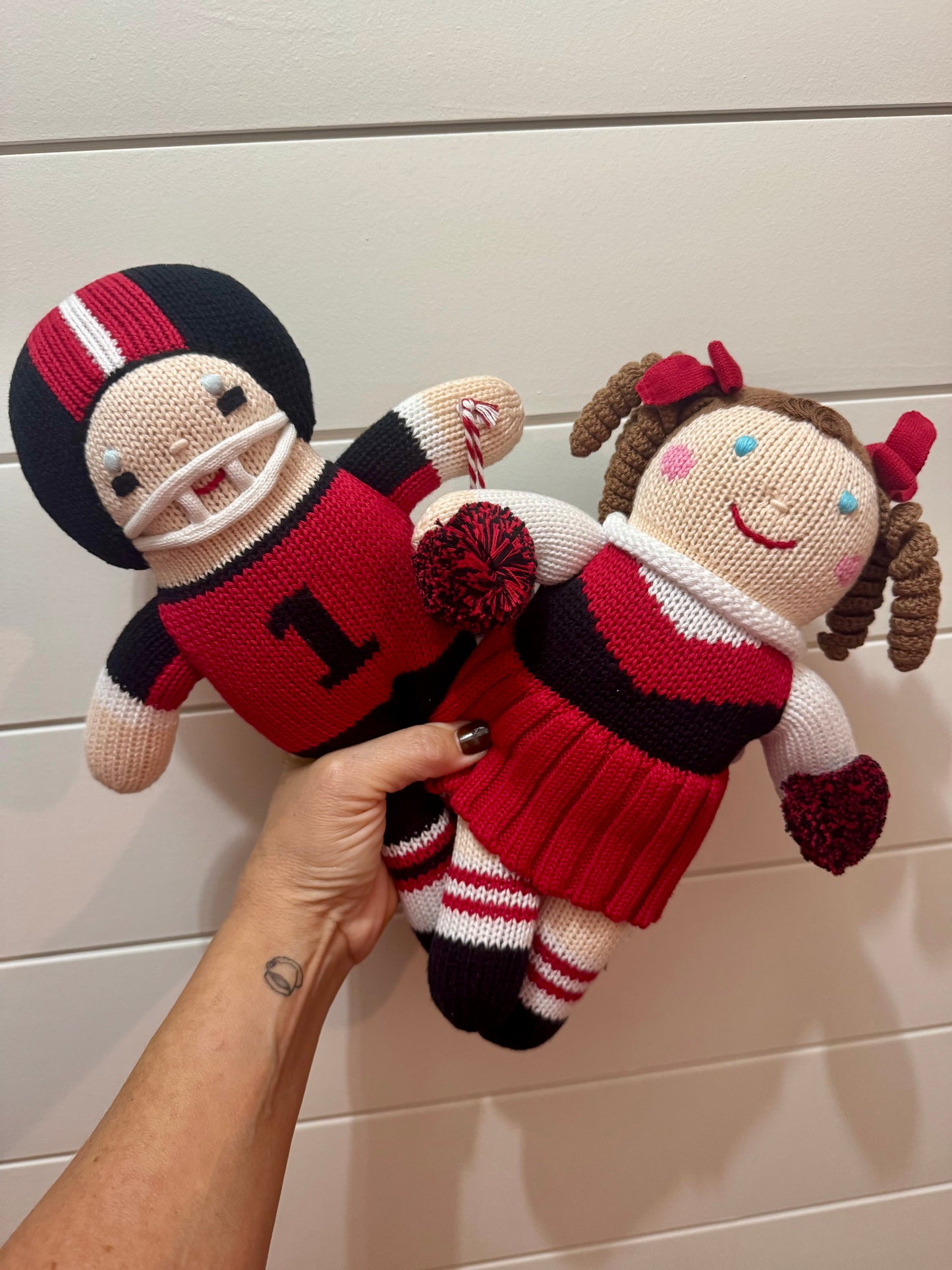 Handmade knit cheerleader doll