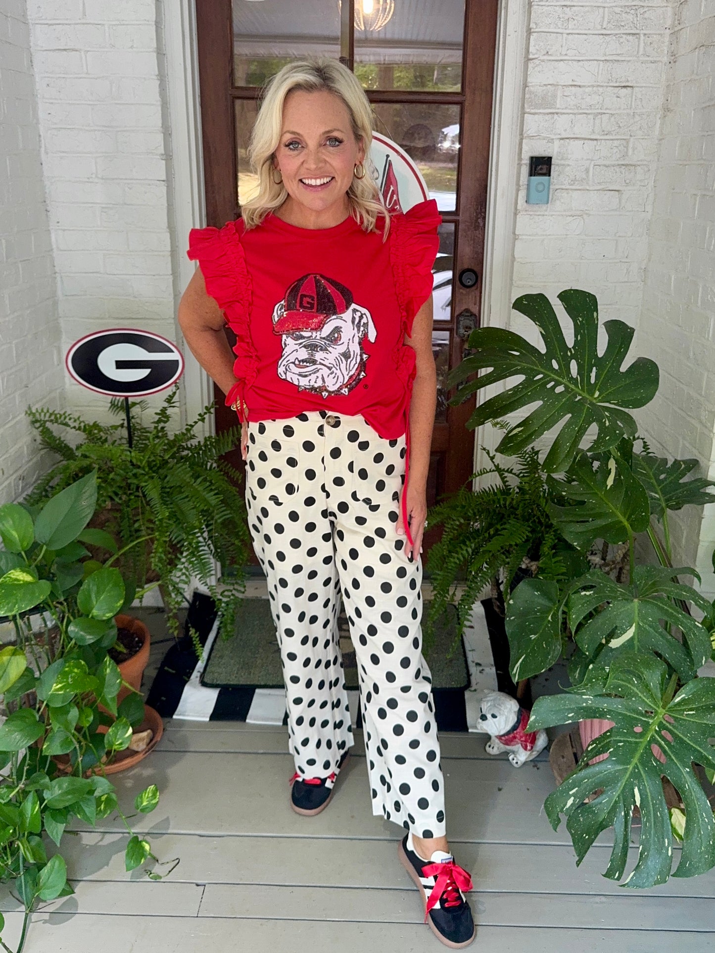 Ruffle Red top licensed with bulldog