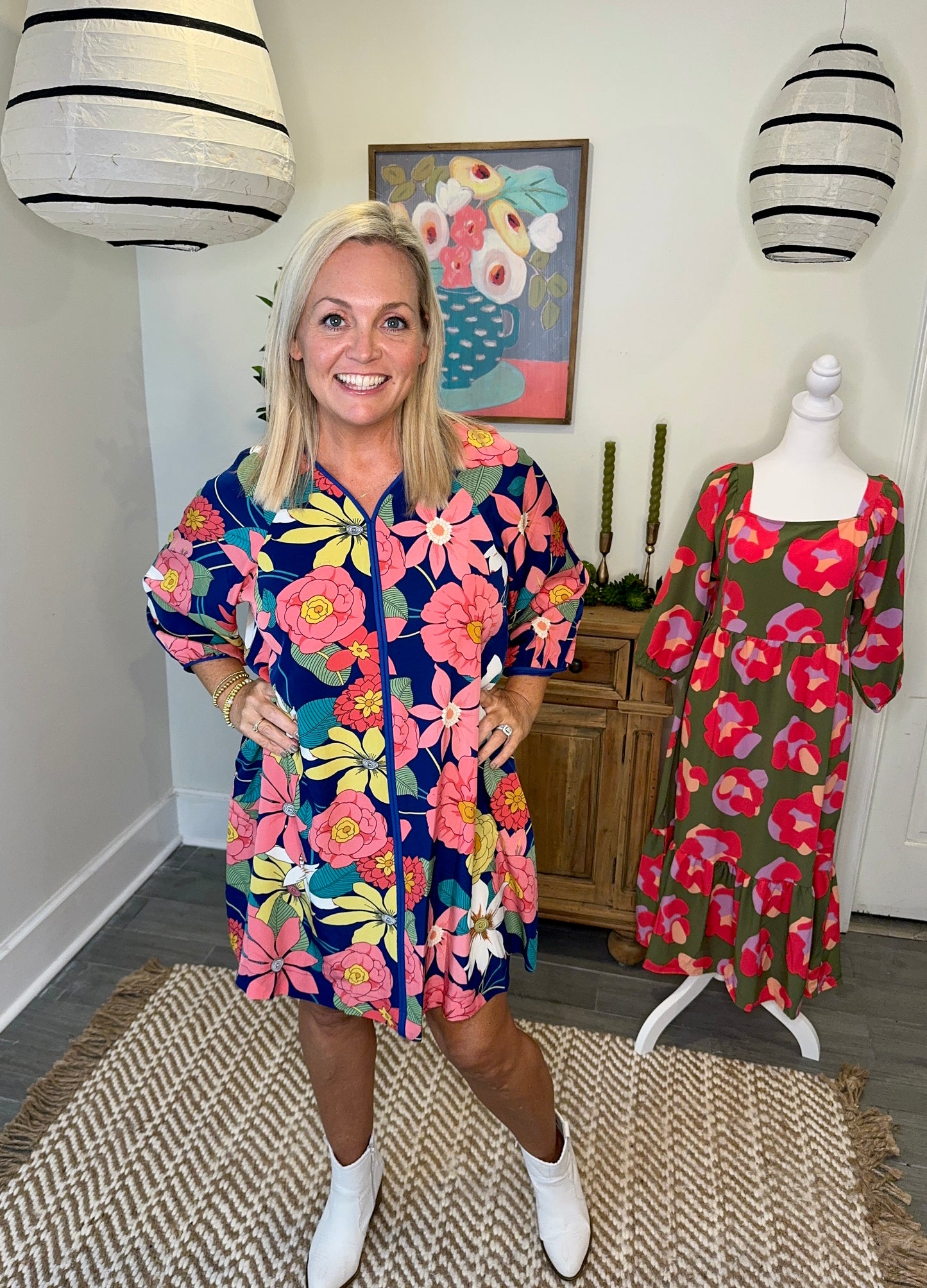 bold navy floral boho mini dress marked down