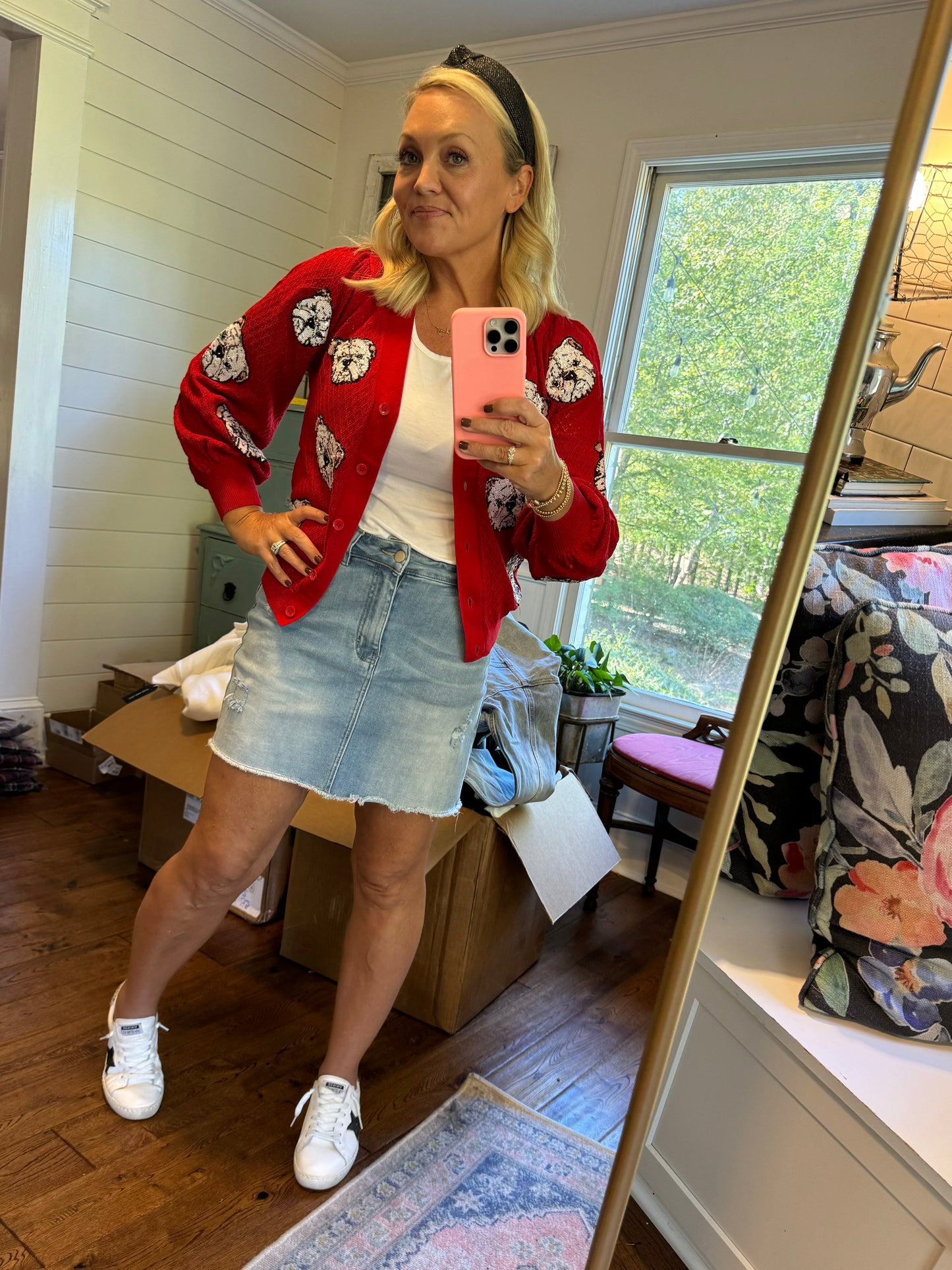 Sequin bulldog puff cardigan red UGA fall collection