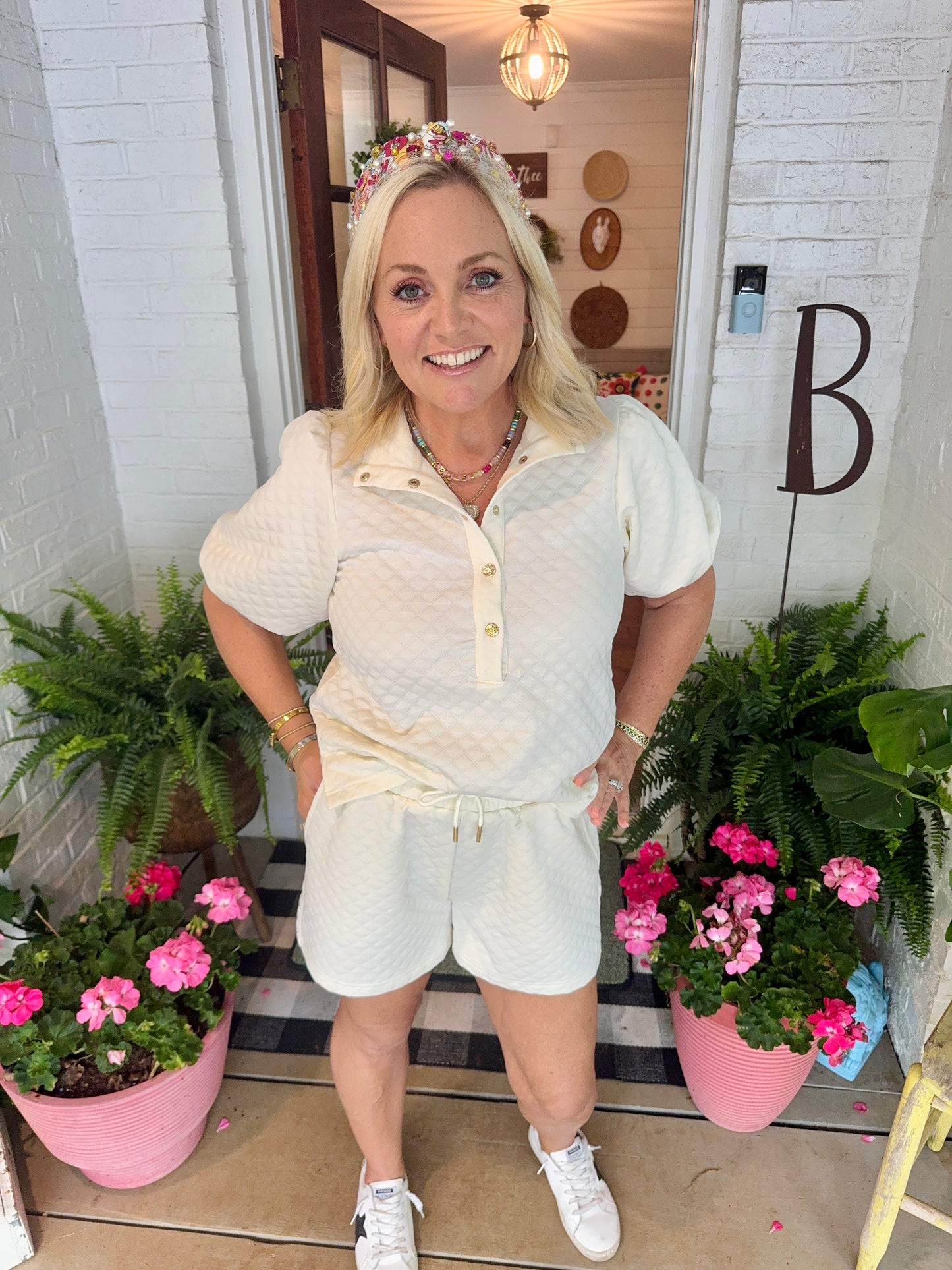 White cream ivory summer set jacquard bubble sleeve marked down