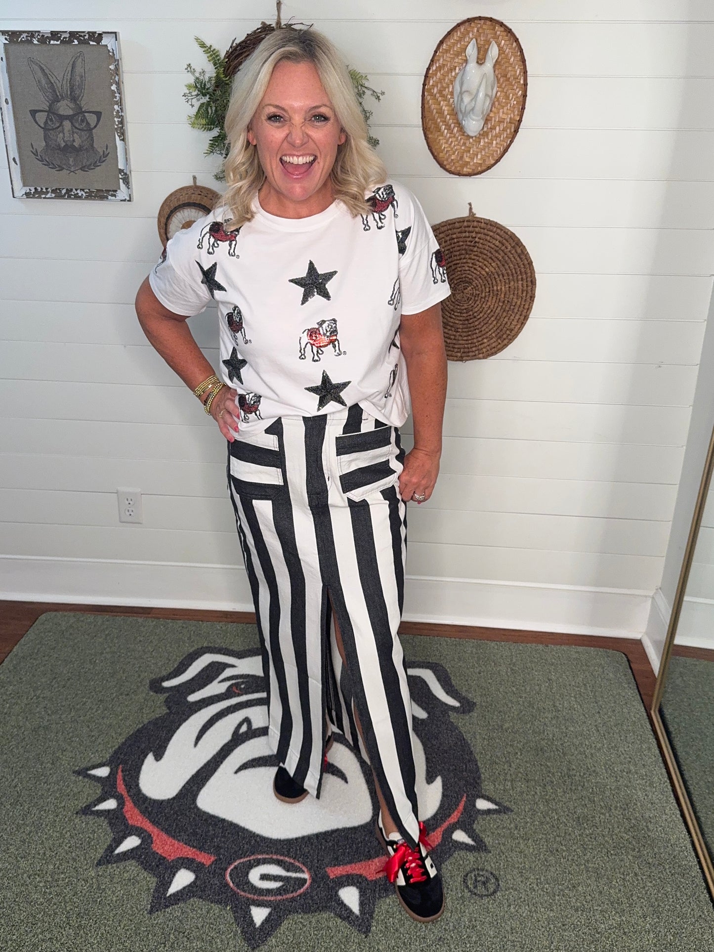 New Black and white striped long skirt with slit