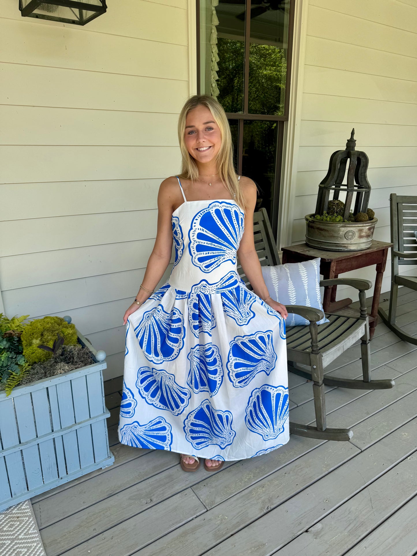 Summer long maxi dress blue and white shell marked down