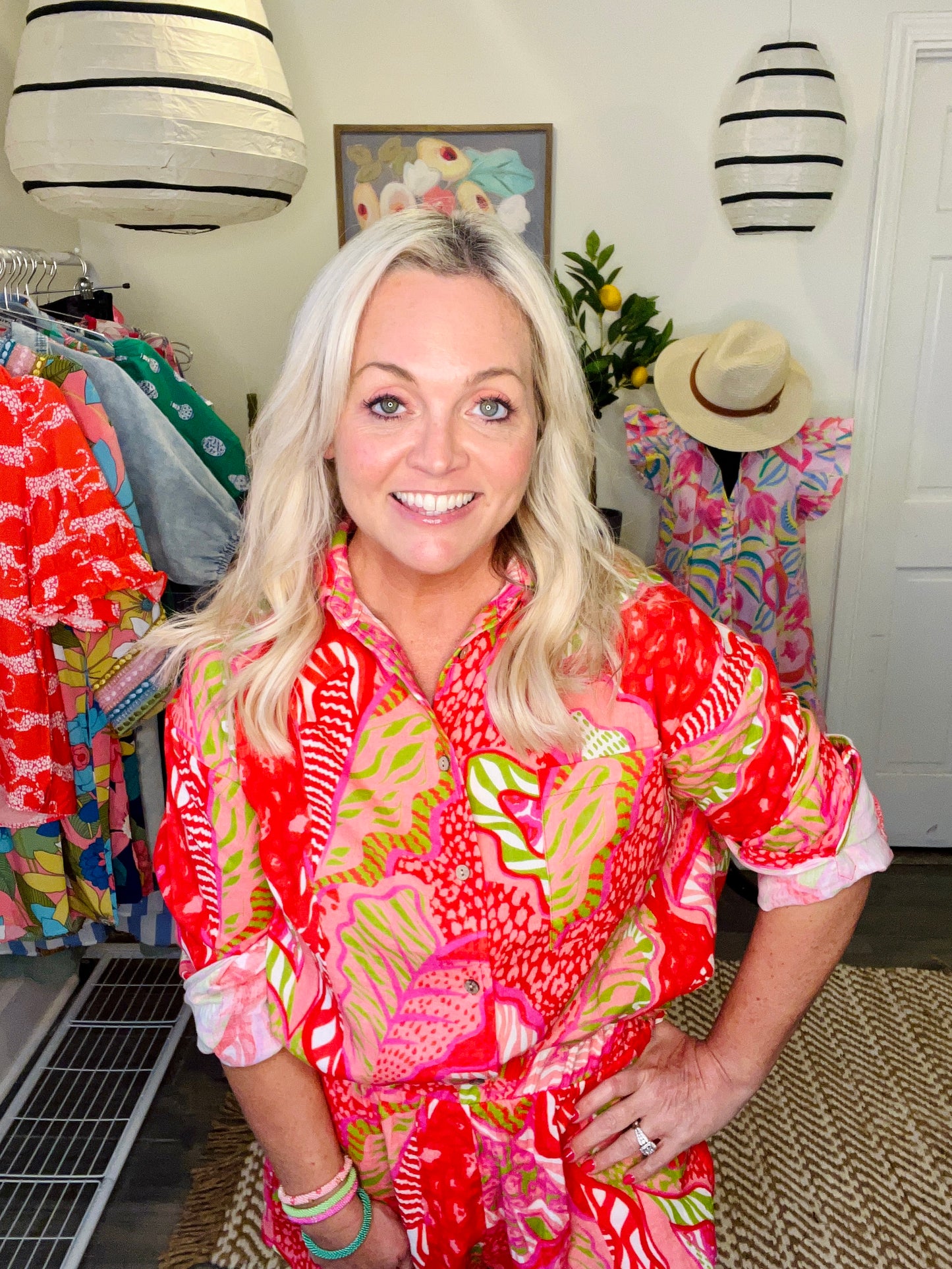 Blouse spring summer coral green button up warehouse clearance sale