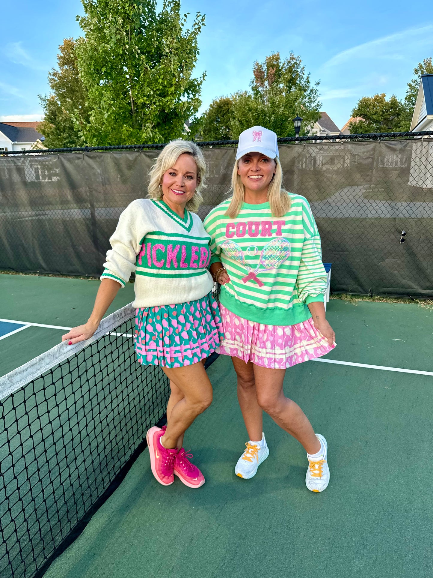 Pickle ball tennis skirt green with pink rackets pleated