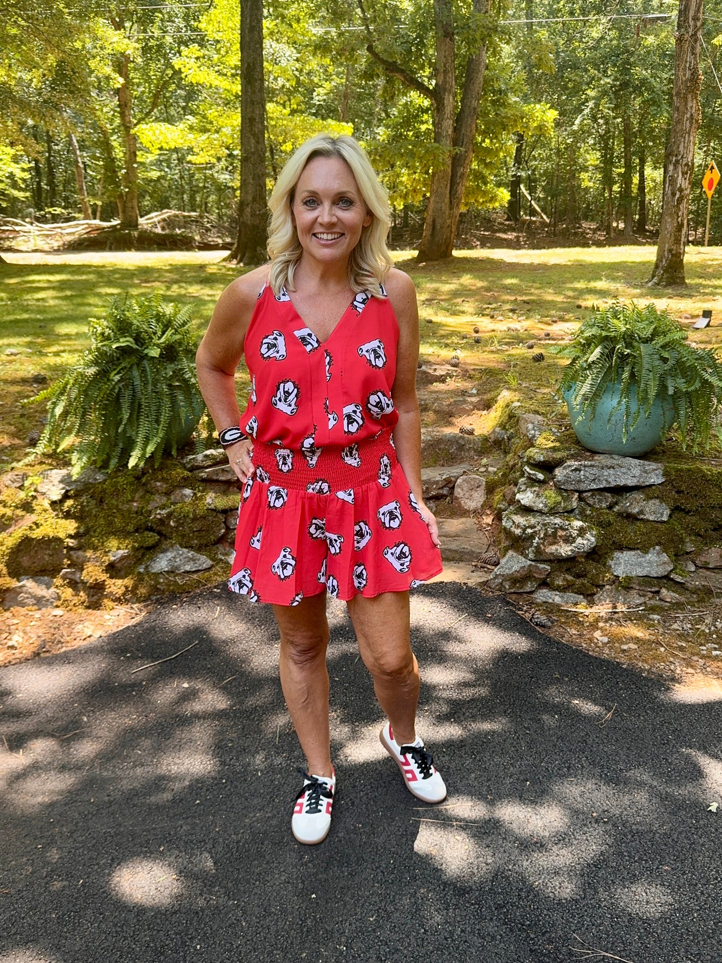 Red flowy shorts dog red black