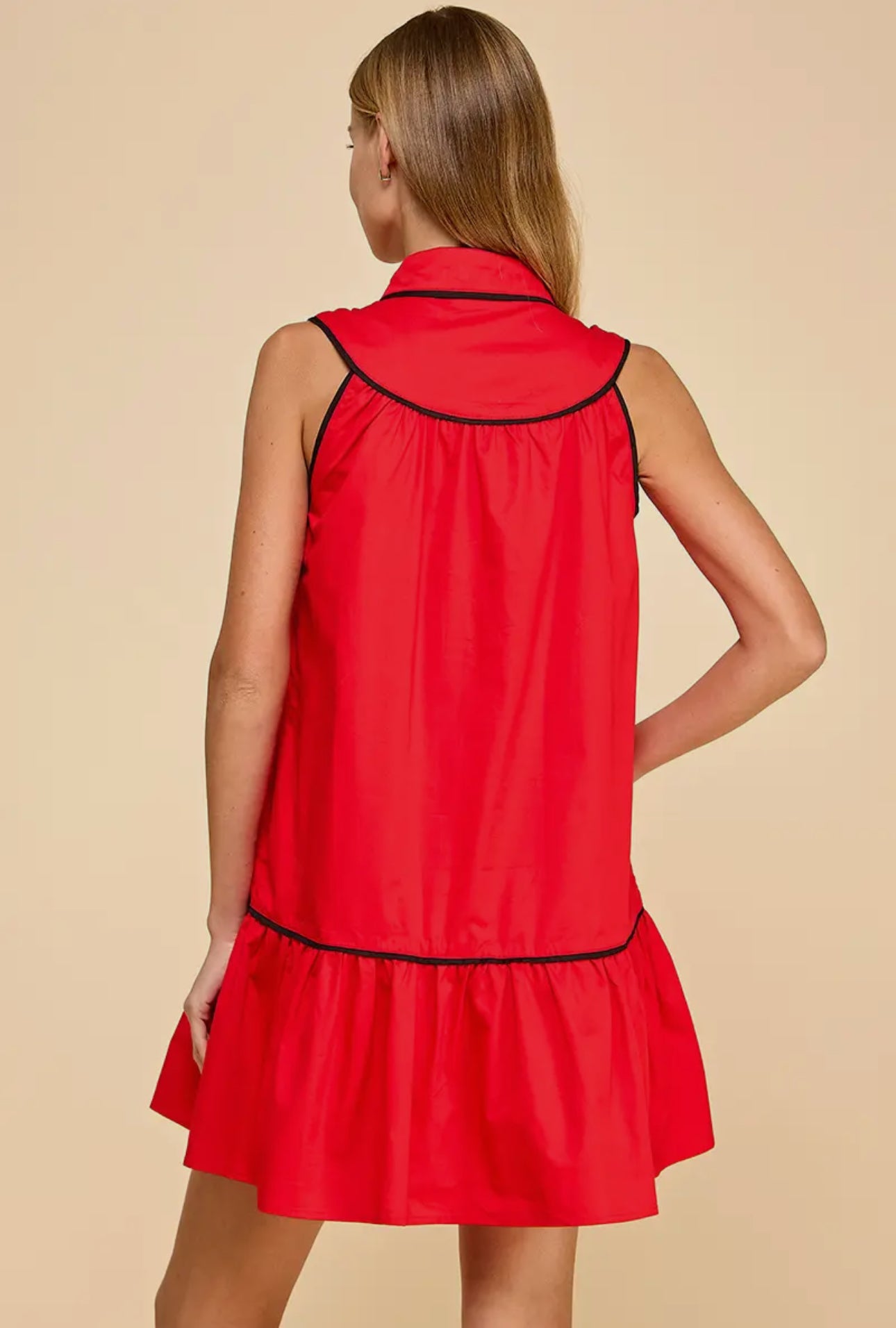 Collared shirt dress red with black trim