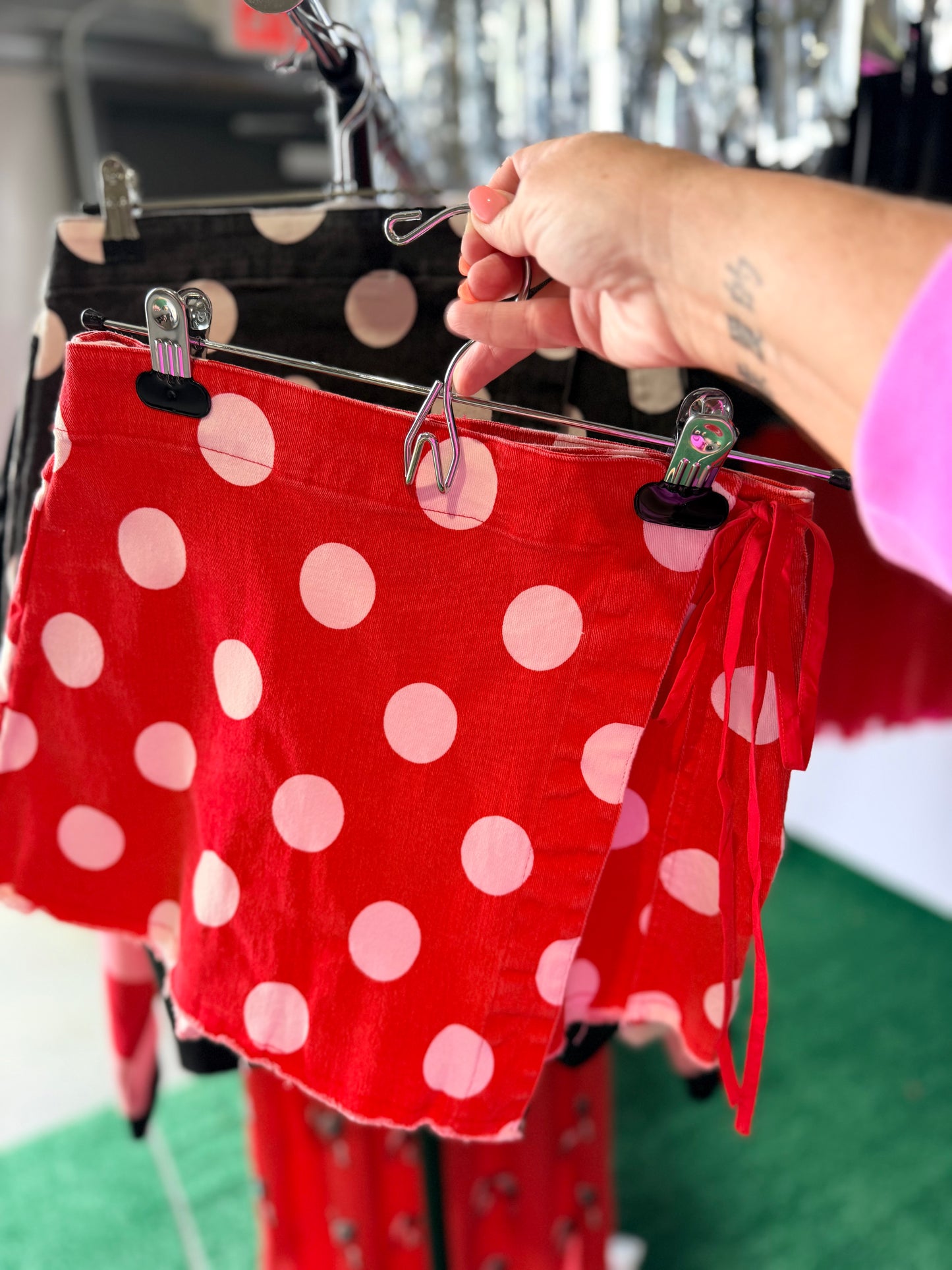 Game day Polka dot overlay wrap front skort red