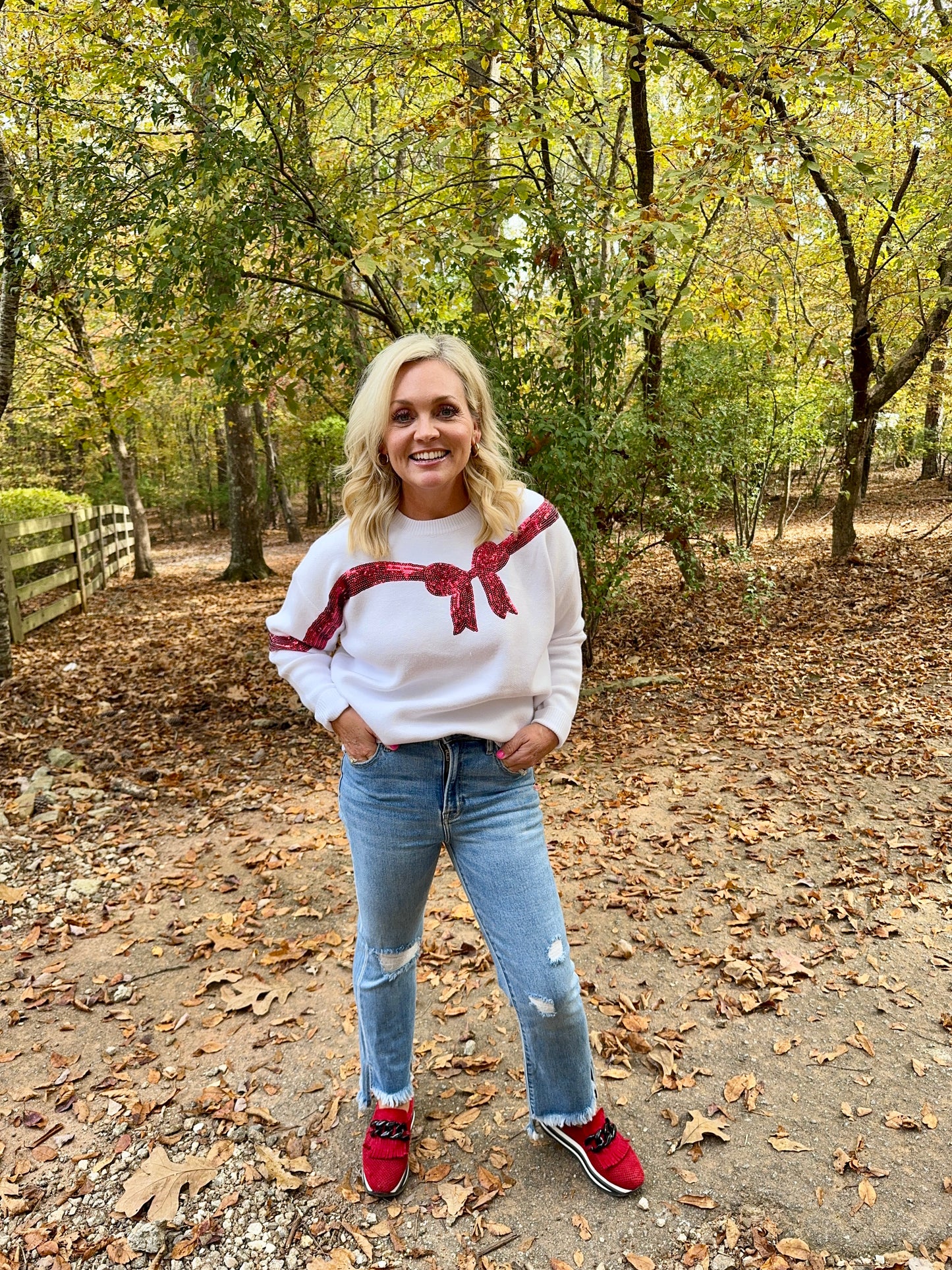 Marked down White sweater red sequin bow Christmas up to size 3X!