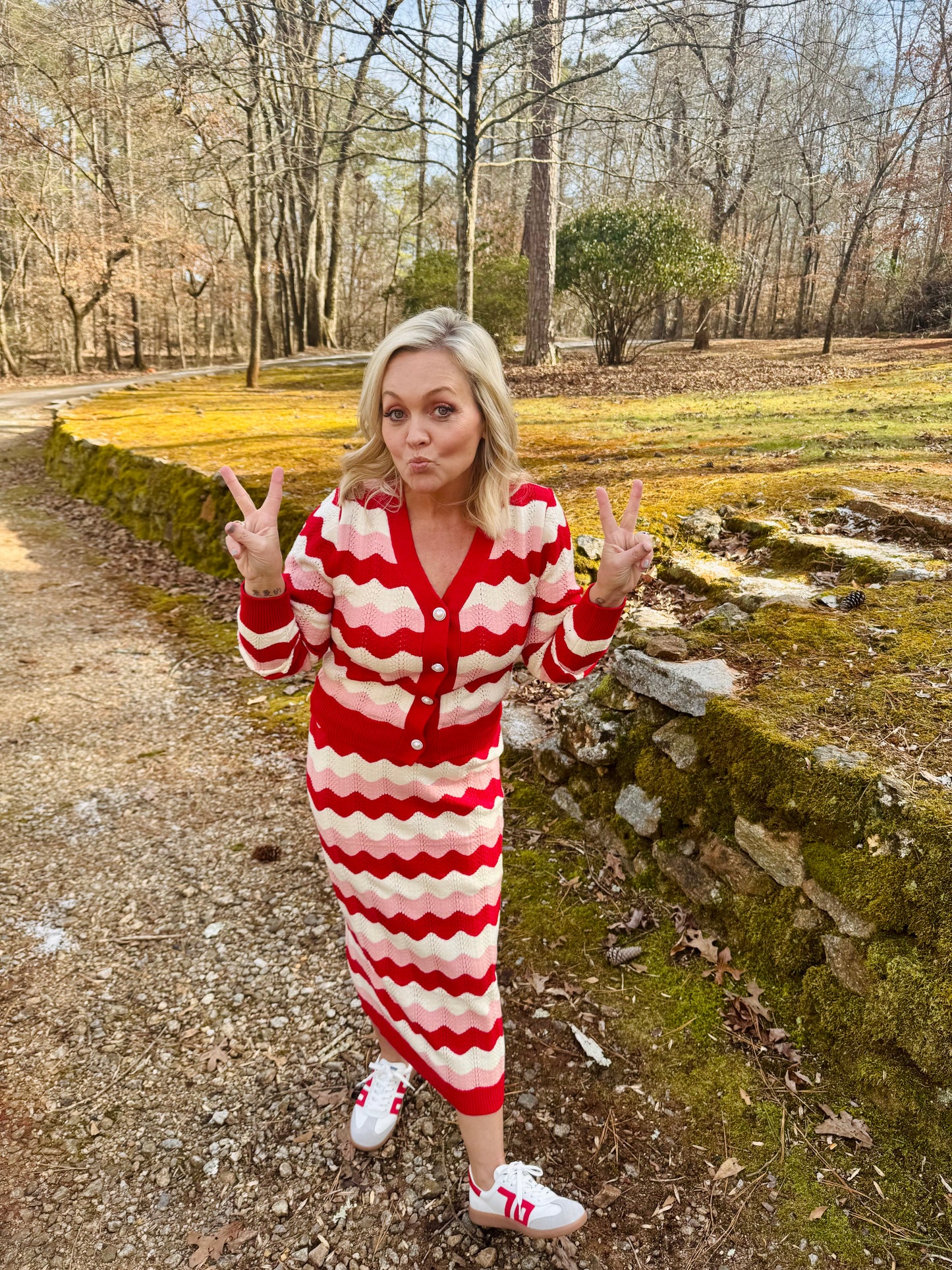 Ric rac sweater cropped cardigan pink red and white warehouse clearance sale marked down