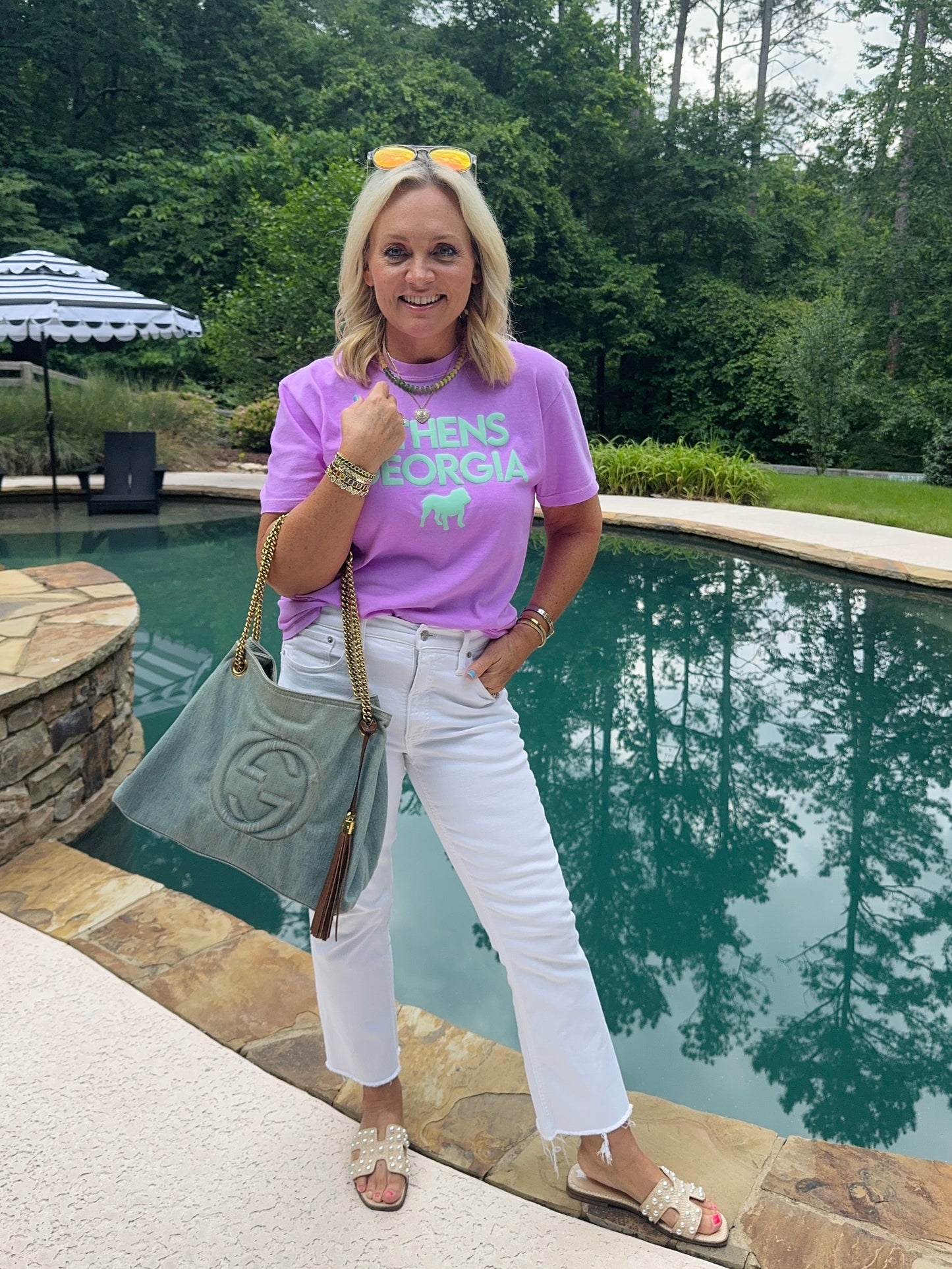 Bright lavender t shirt with turquoise Athens summer T-shirt