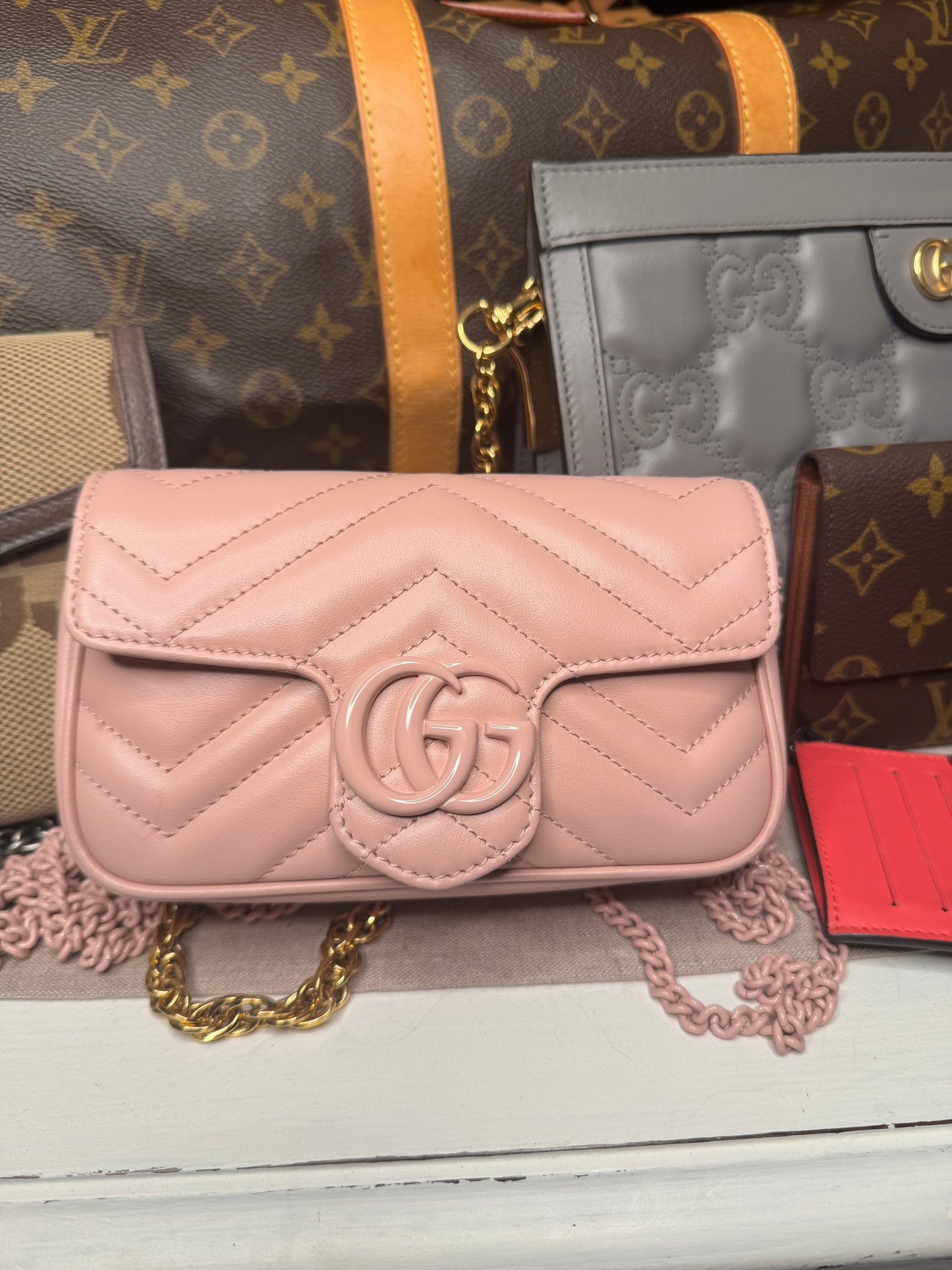 Pink Gucci GG marmont leather mini shoulder bag with chain new!