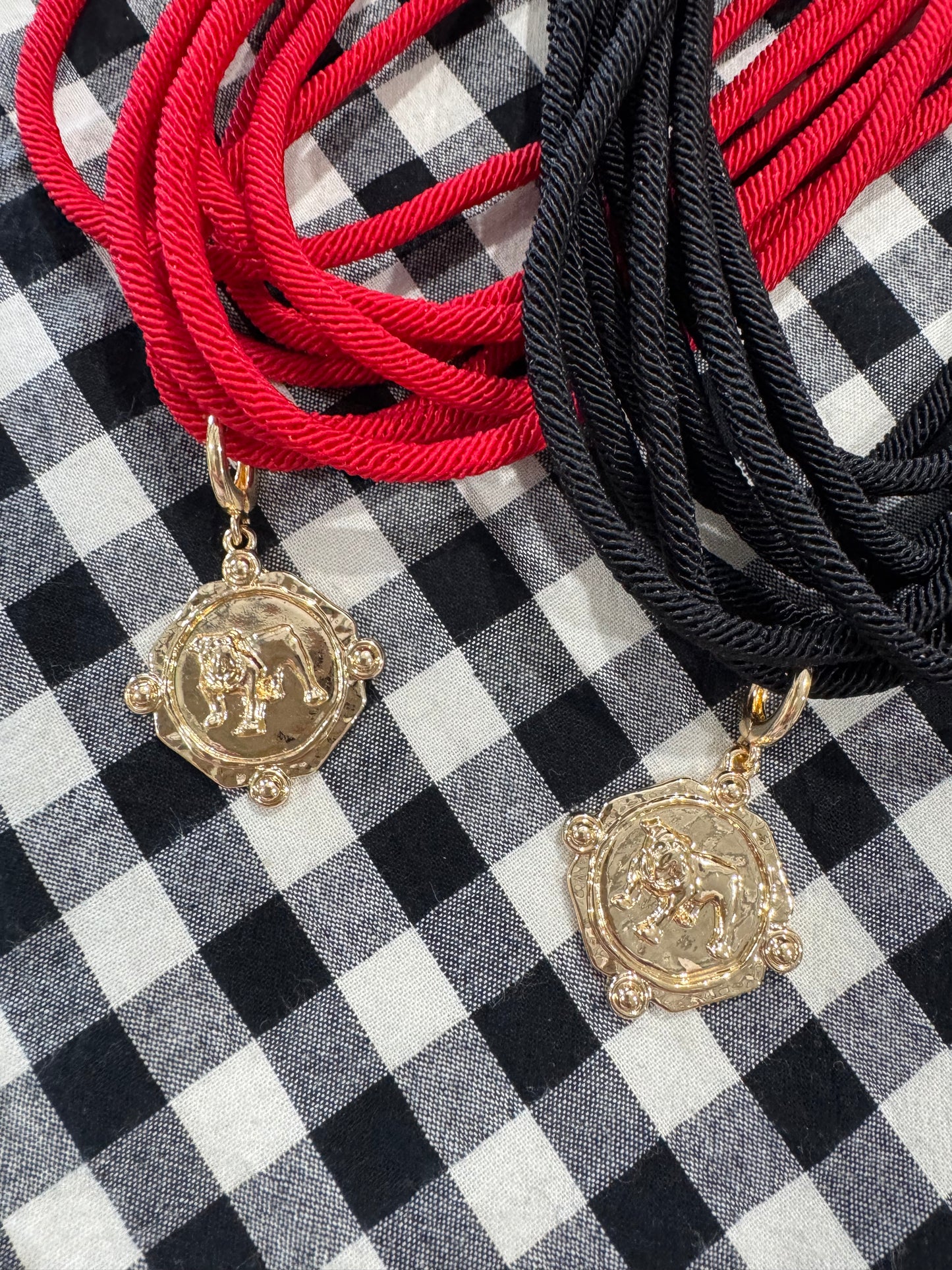 Black or red rope necklace with bulldog medallion charm