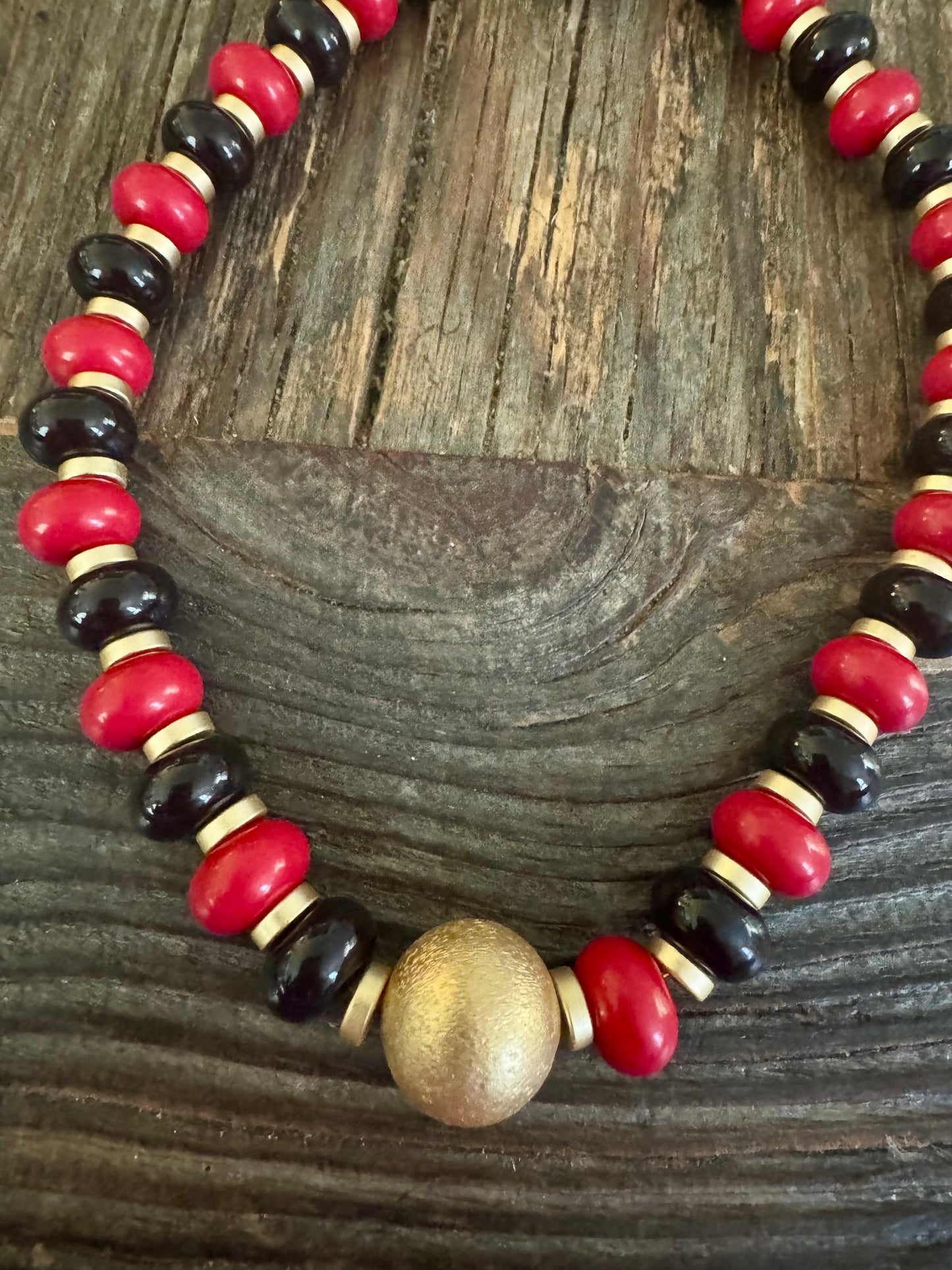Beaded red black and gold necklace