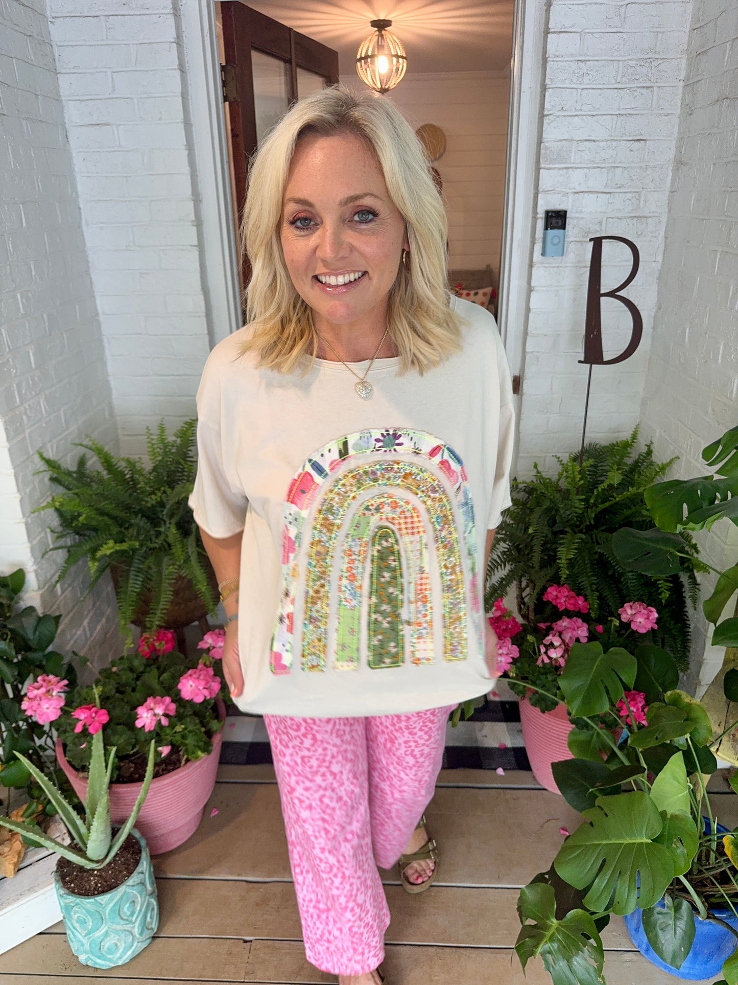 Summer patch rainbow front summer knit top