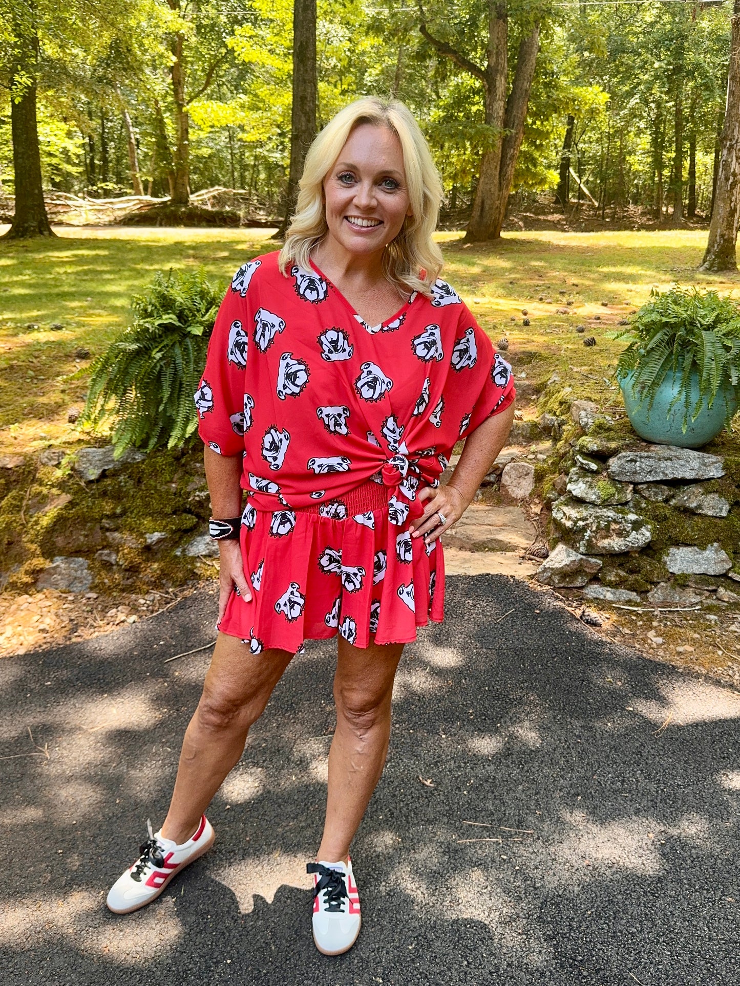 Red flowy shorts dog red black
