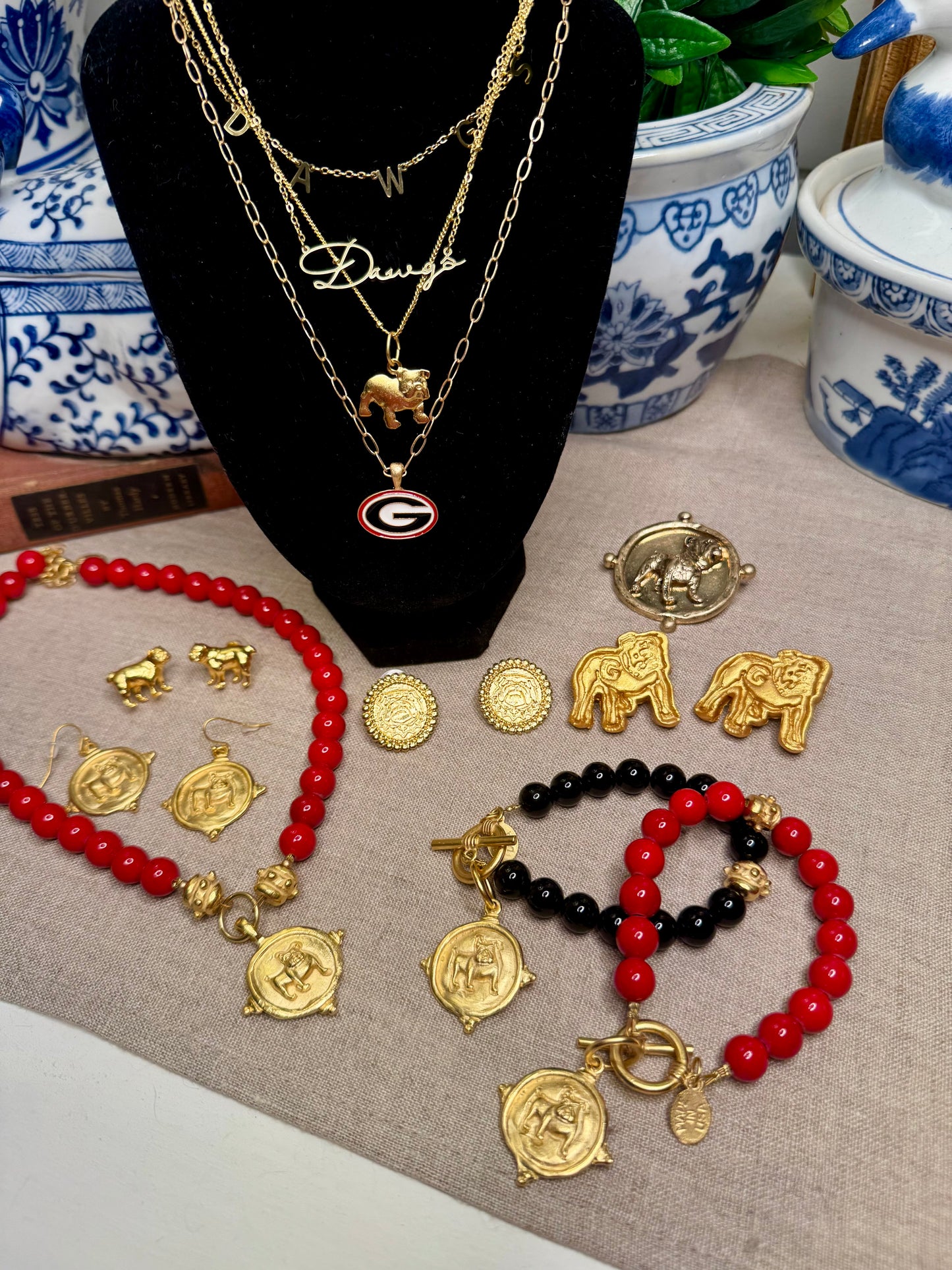 Susan Shaw Red coral gold bulldog medallion necklace
