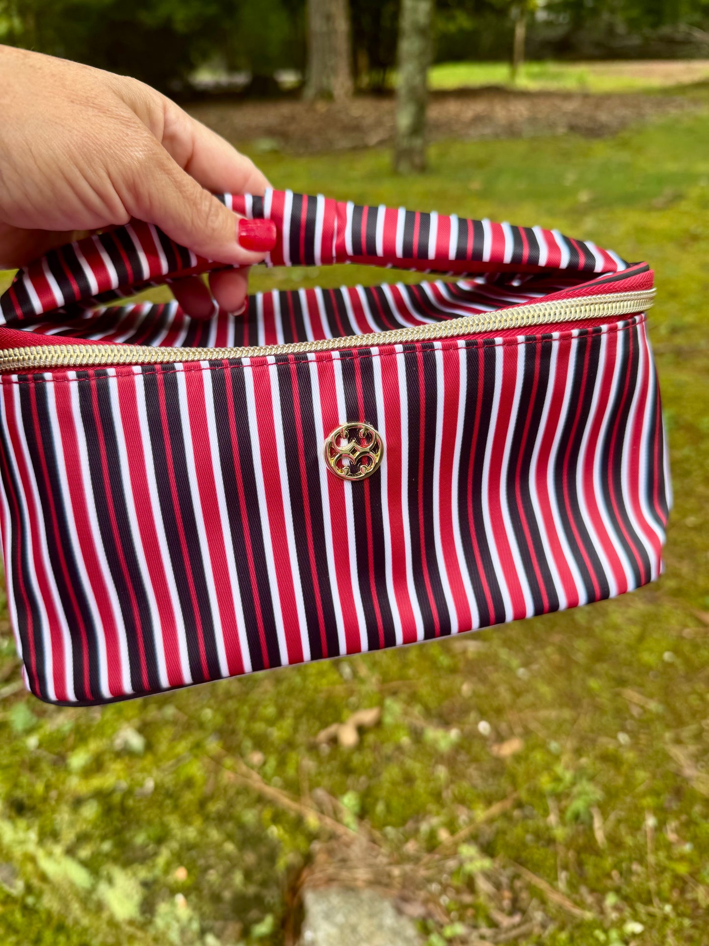 Red and black stripe cosmetic bag with bow handle!