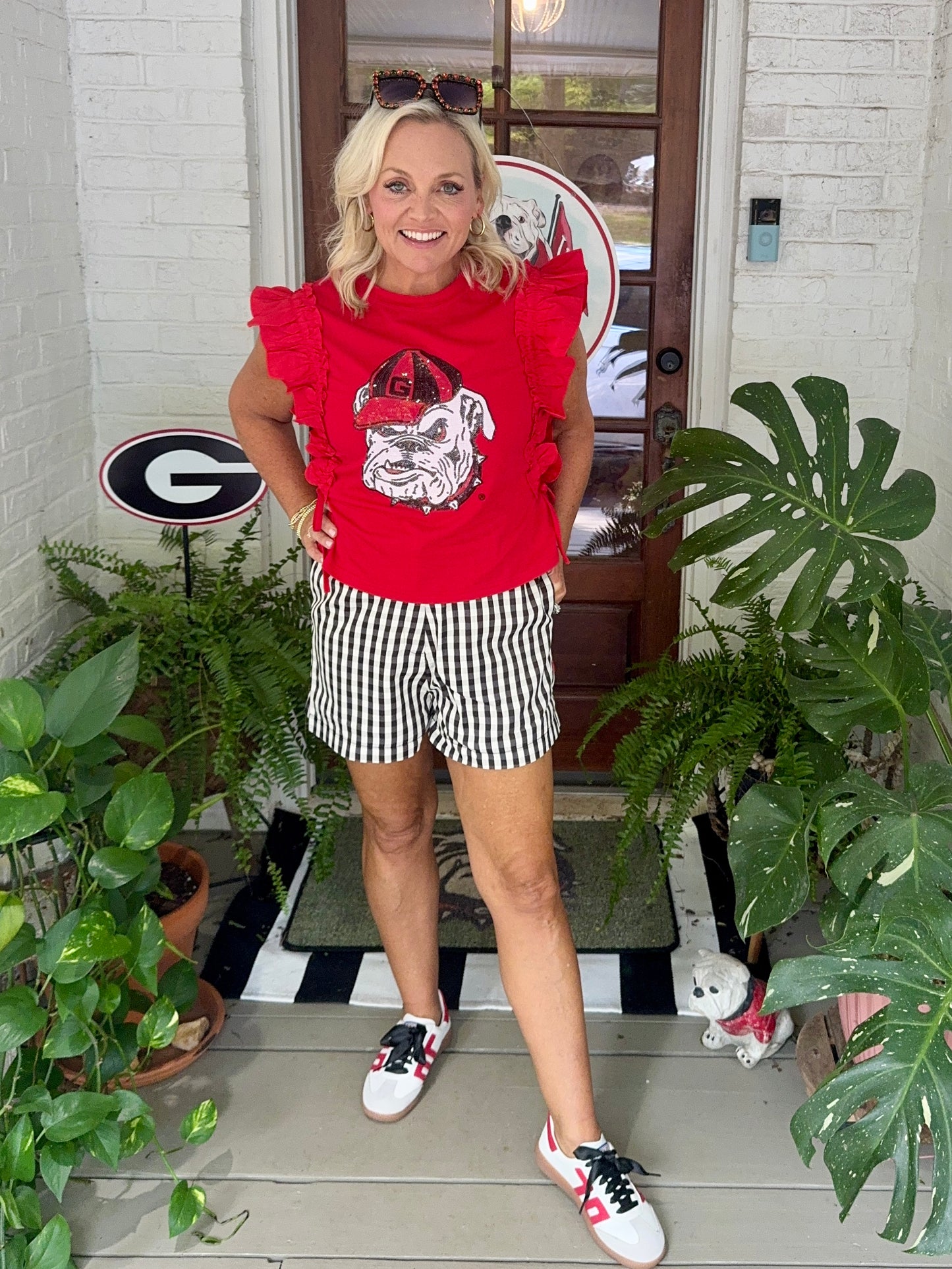 Ruffle Red top licensed with bulldog