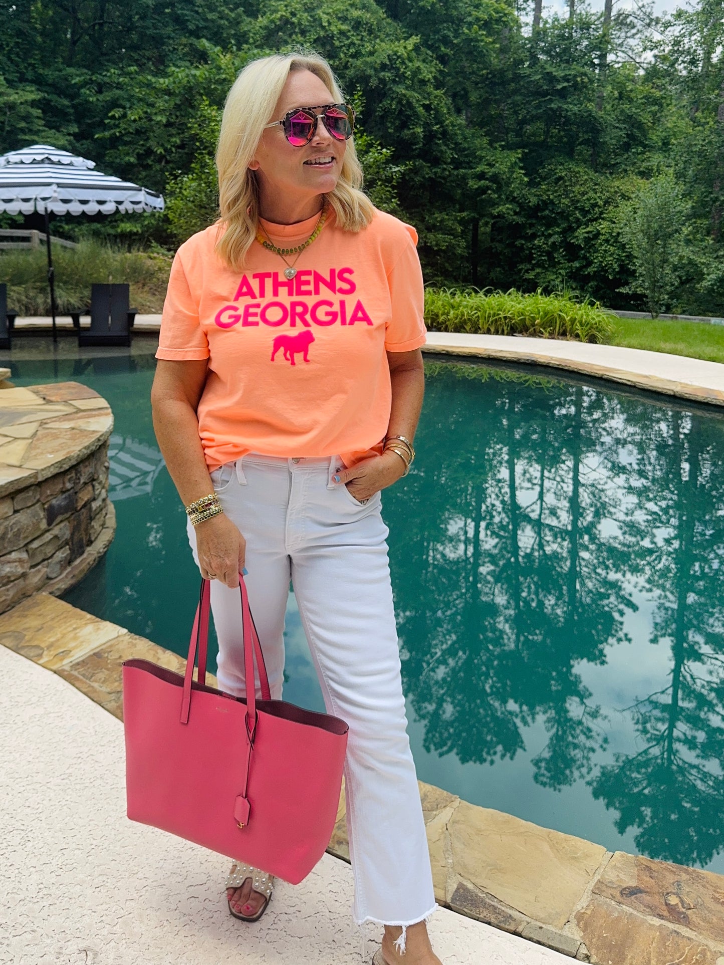 Neon orange peach shirt with hot pink Athens summer T-shirt