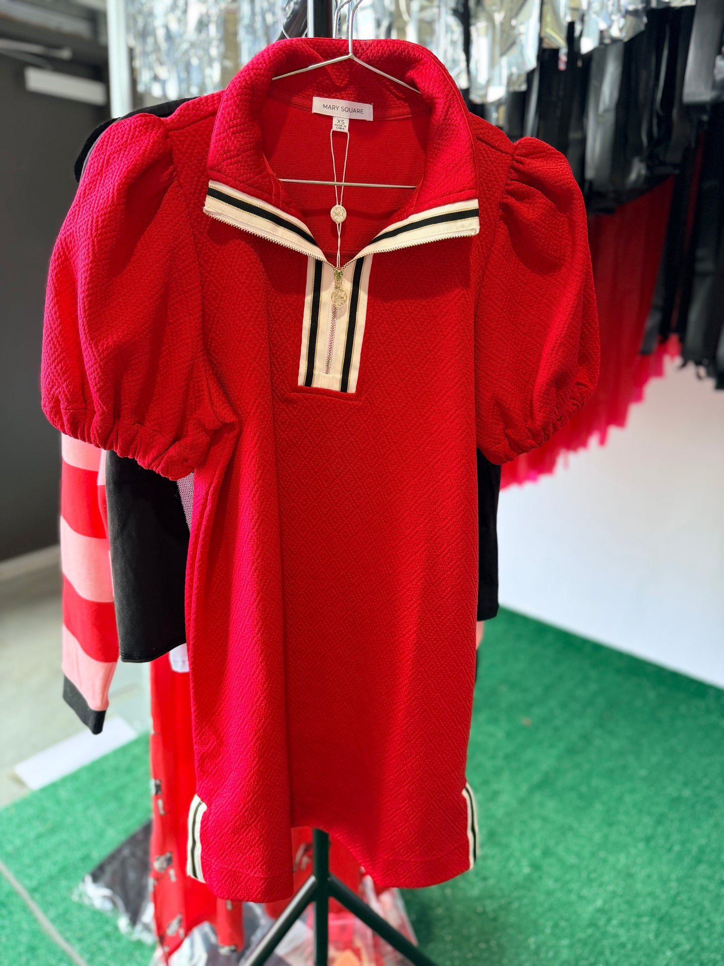 Red active wear style dress with trim
