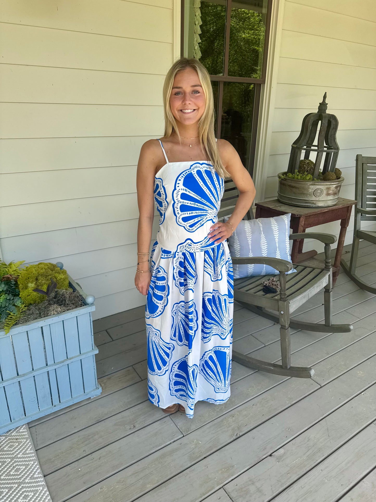 Summer long maxi dress blue and white shell marked down