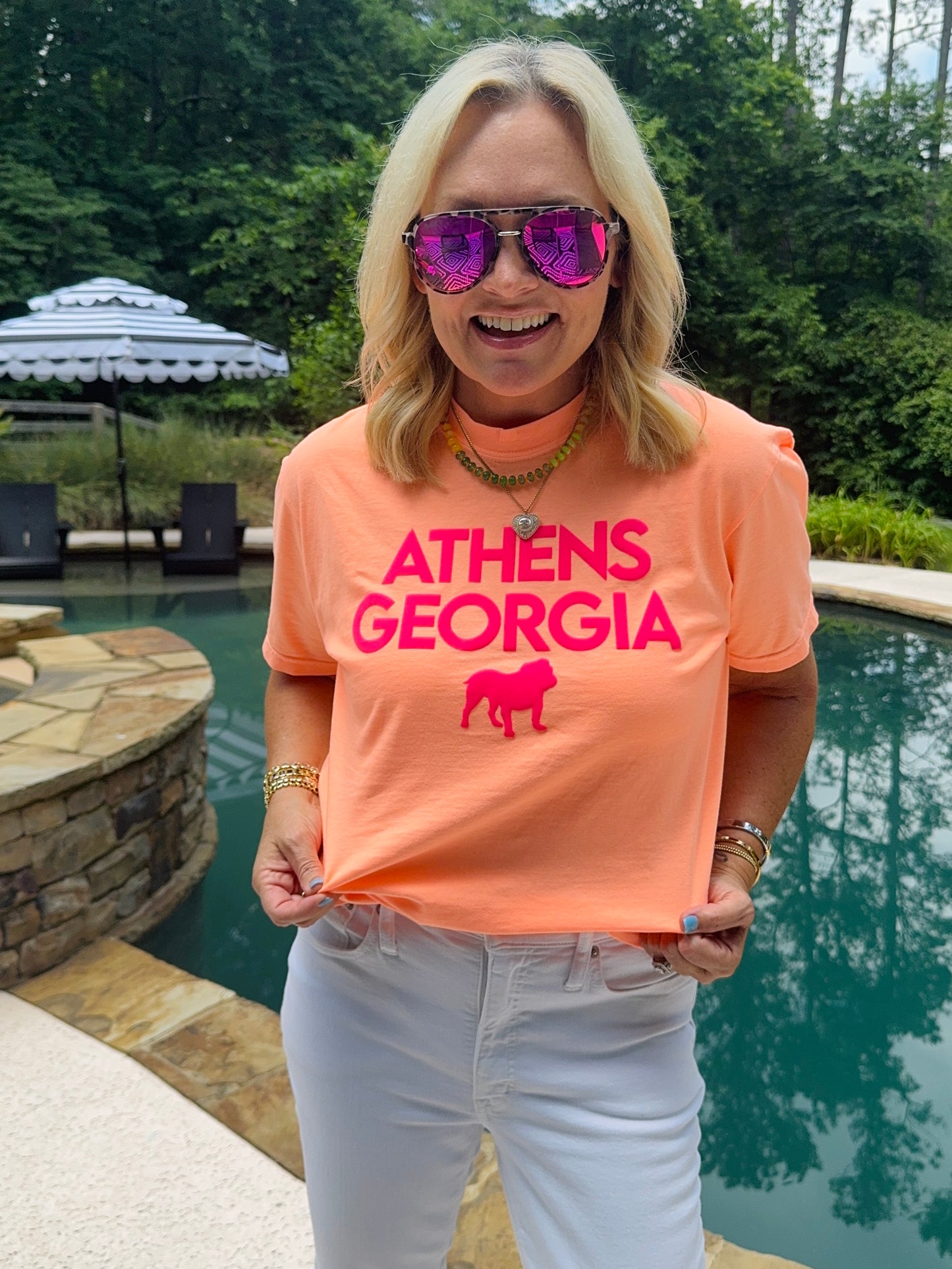 Neon orange peach shirt with hot pink Athens summer T-shirt