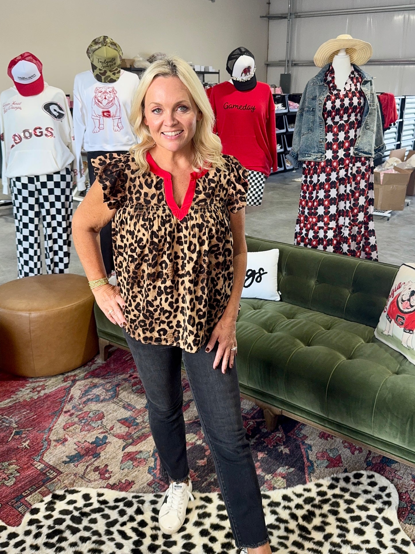 Leopard flowy top with red trim up to 3XL