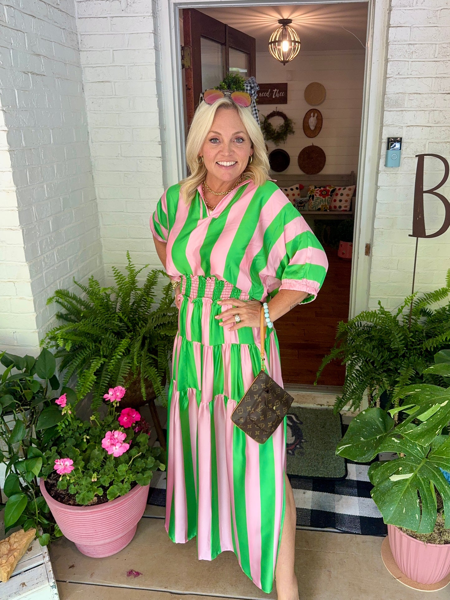 Summer green and pink striped summer skirt marked down