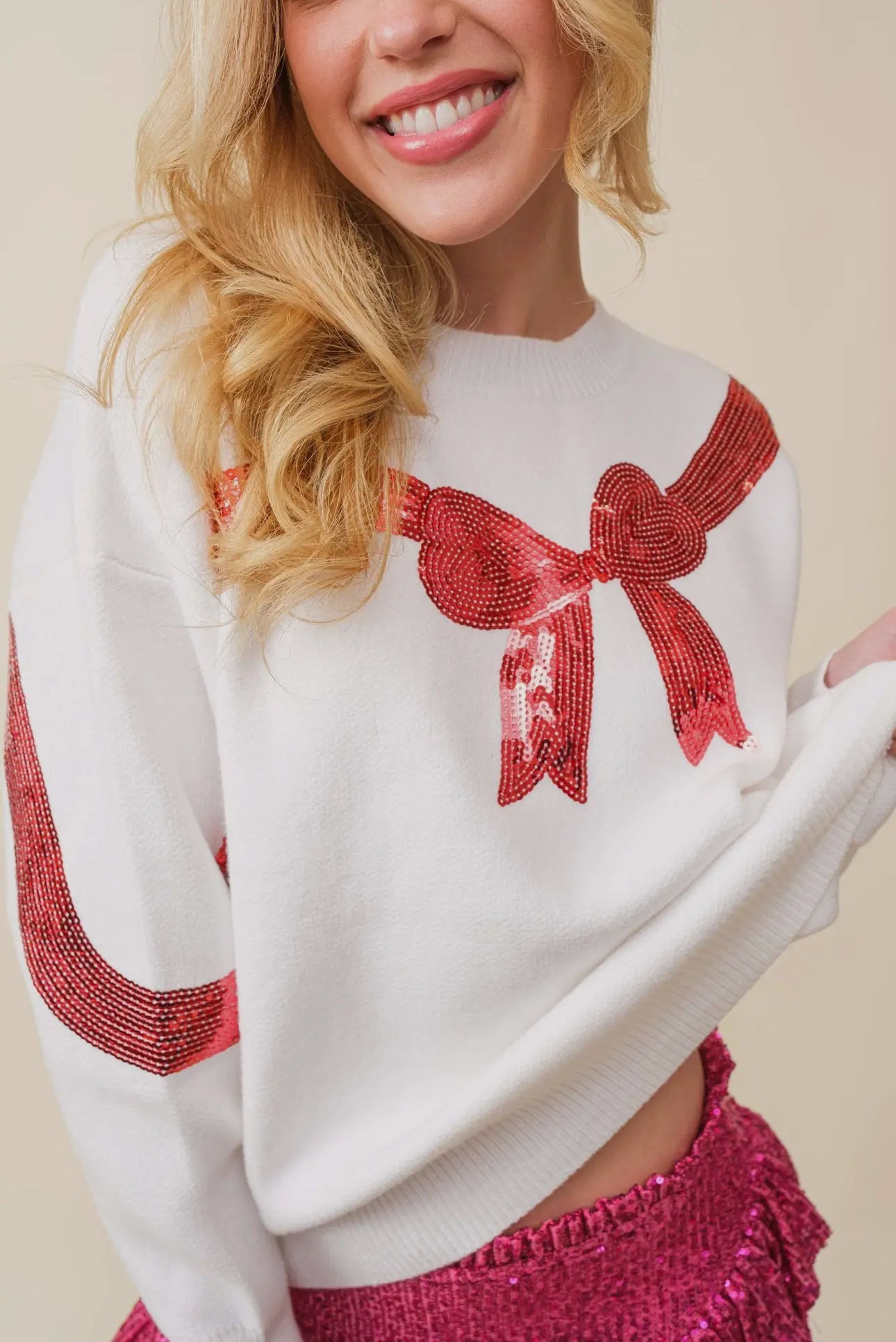 Marked down White sweater red sequin bow Christmas up to size 3X!