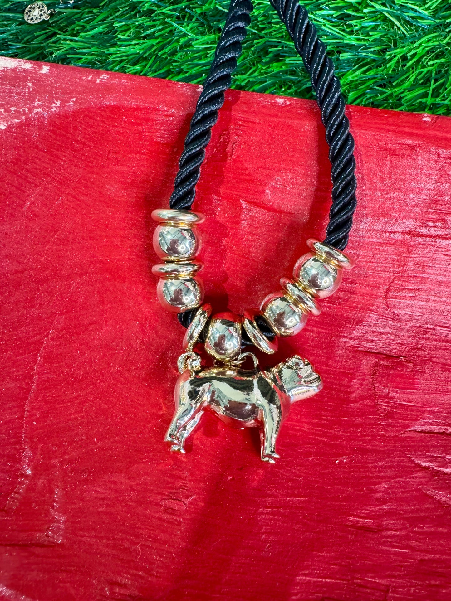 Rope necklace black with full body bulldog charm