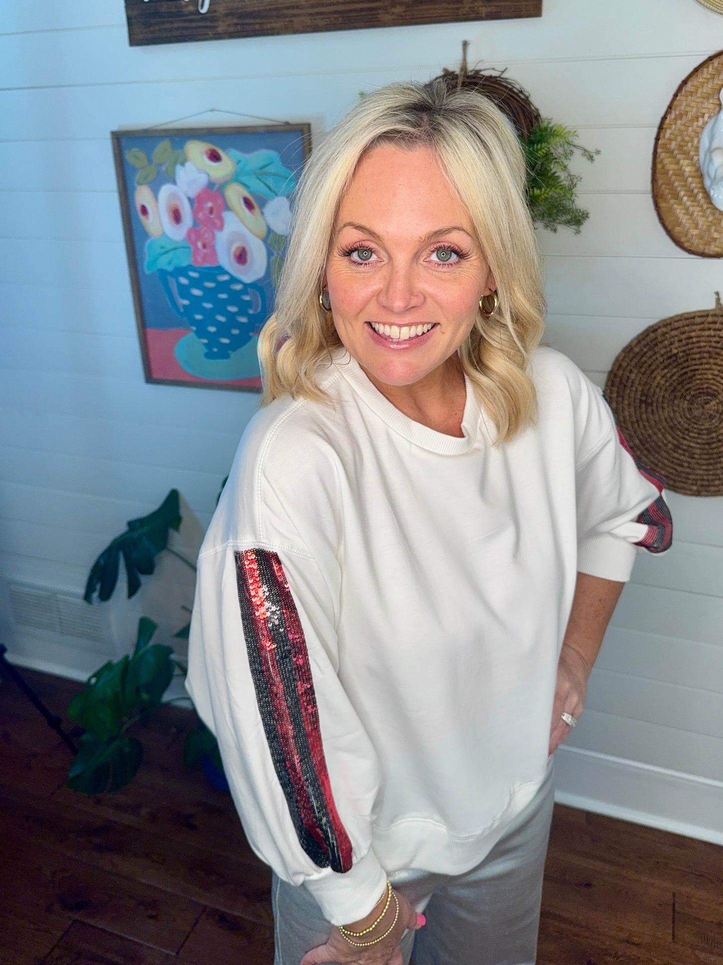 Boutique luxury white sweatshirt red and black sequin sleeves new lower price