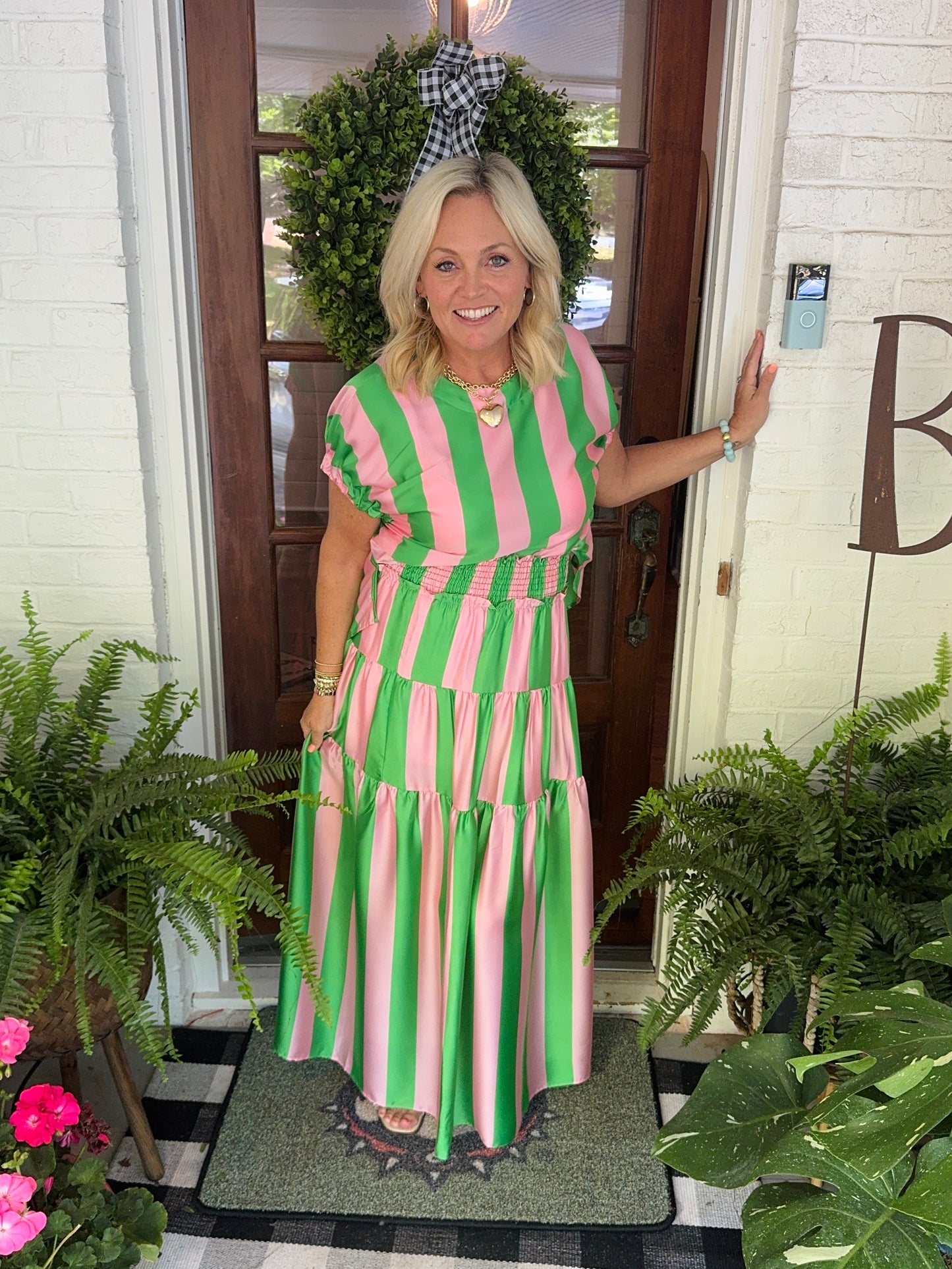 Summer green and pink striped top marked down