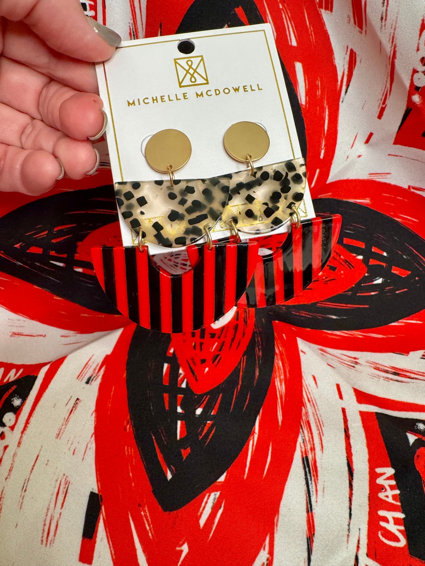 Acrylic red and black and gold dangle geo earrings