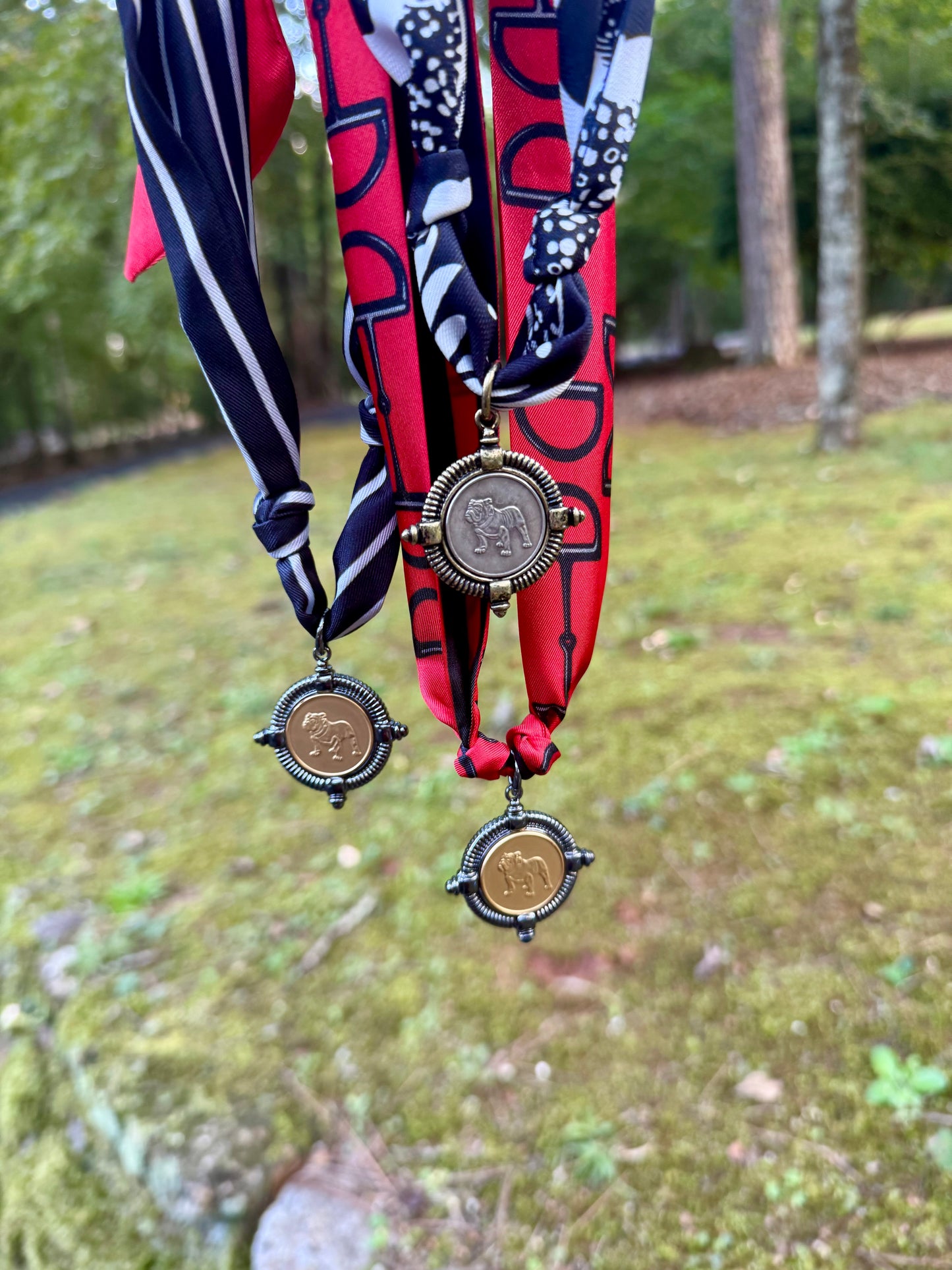 Scarf necklace with gold/brass bulldog coin charm or Silver charm