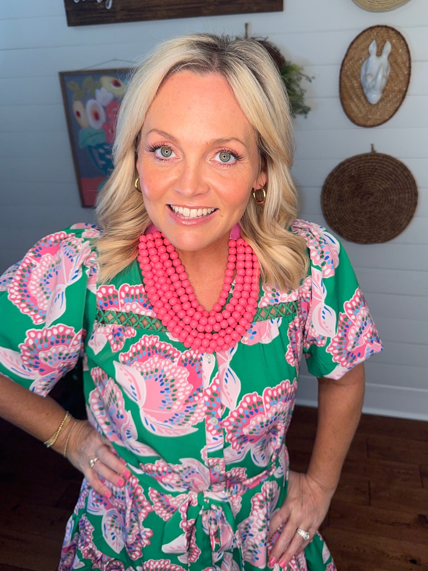 Pink fuchsia wood bead necklace