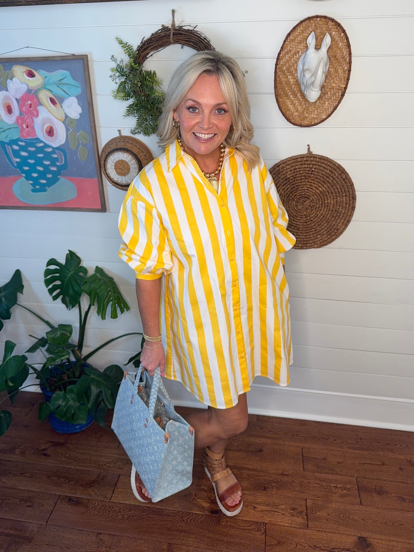 yellow stripe dress with pockets spring summer marked down