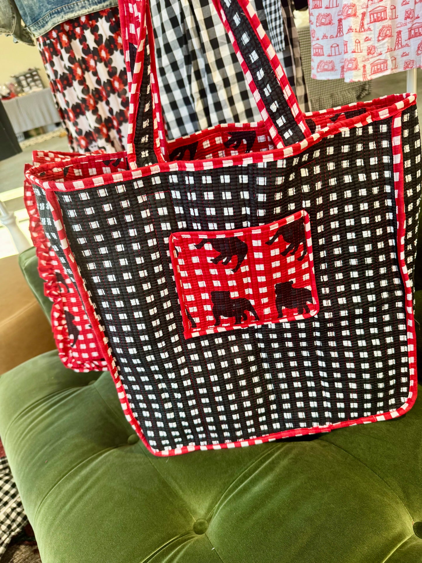 Exclusive Pickled Lemon Reversible ruffle gingham quilted tote bag